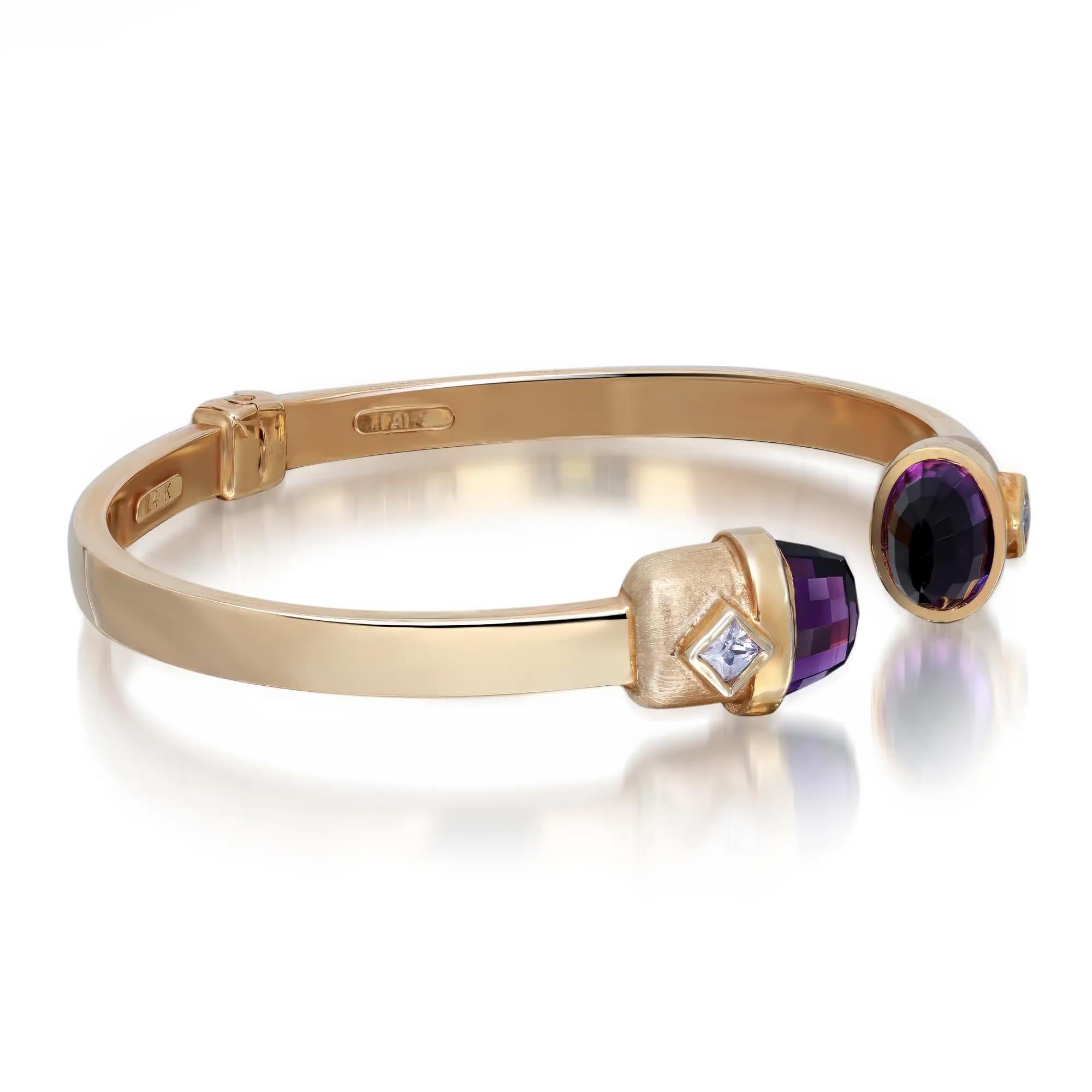 Offenes Manschettenarmband aus 14 Karat Gelbgold mit Amethyst und Glasdiamanten (Moderne) im Angebot