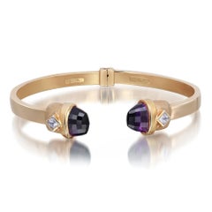 Amethyst and Glass Diamonds Open Cuff Bracelet 14K Yellow Gold