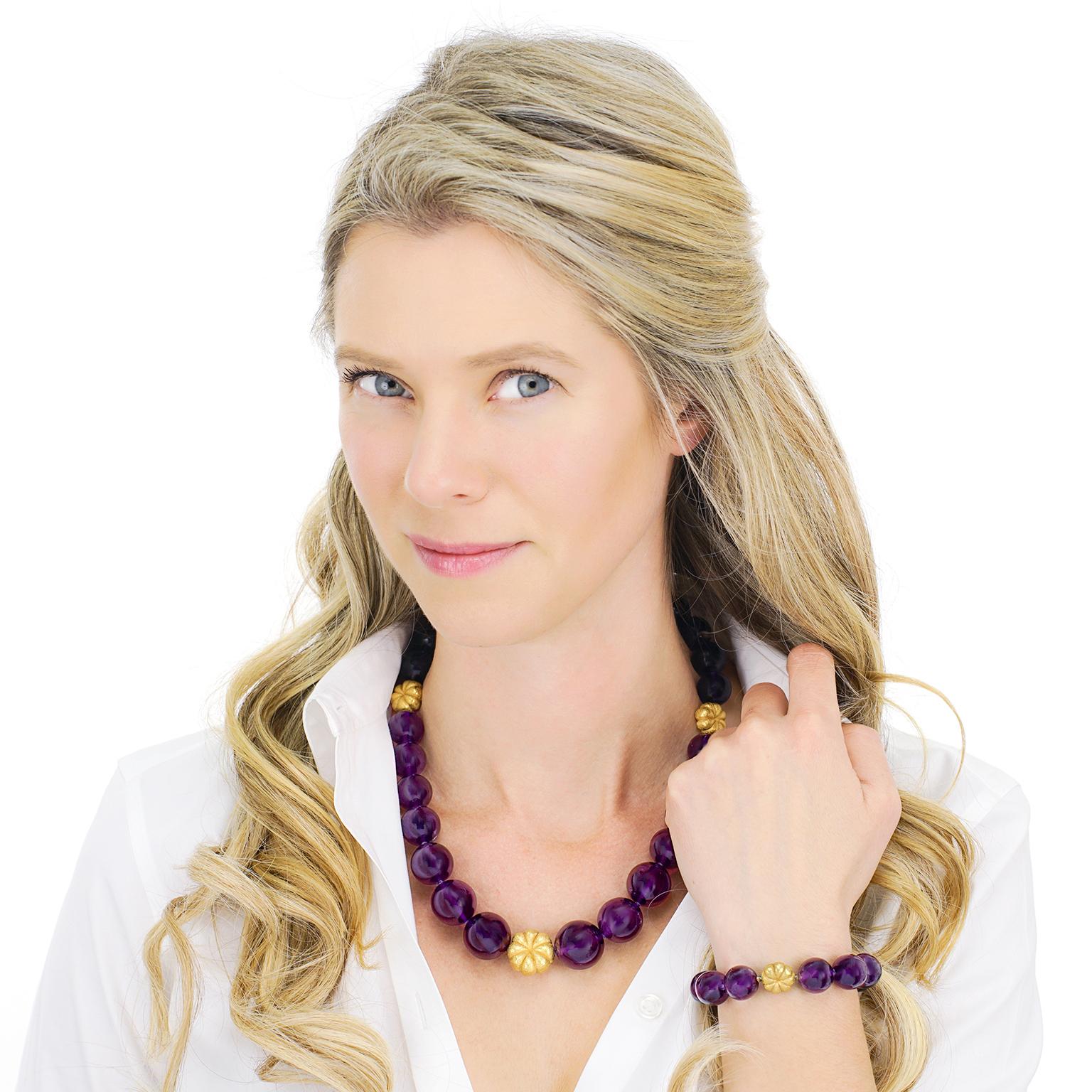 Women's Amethyst and Gold Bead Necklace and Bracelet