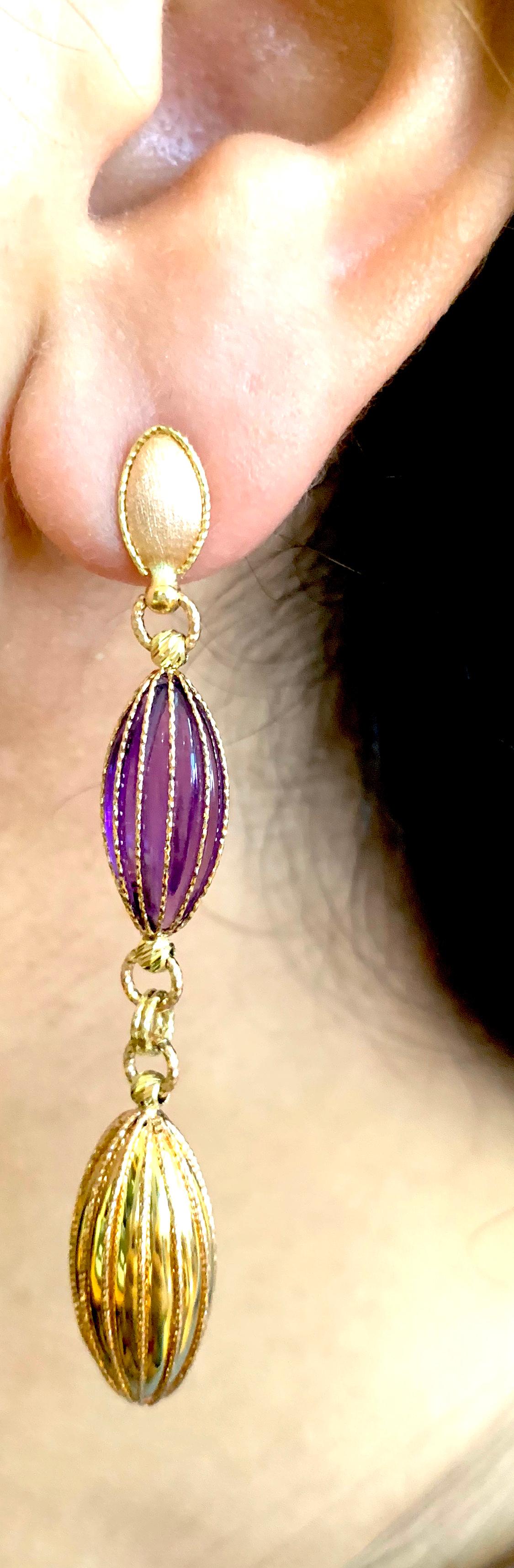 Round Cut Amethyst and Gold Drop Earrings