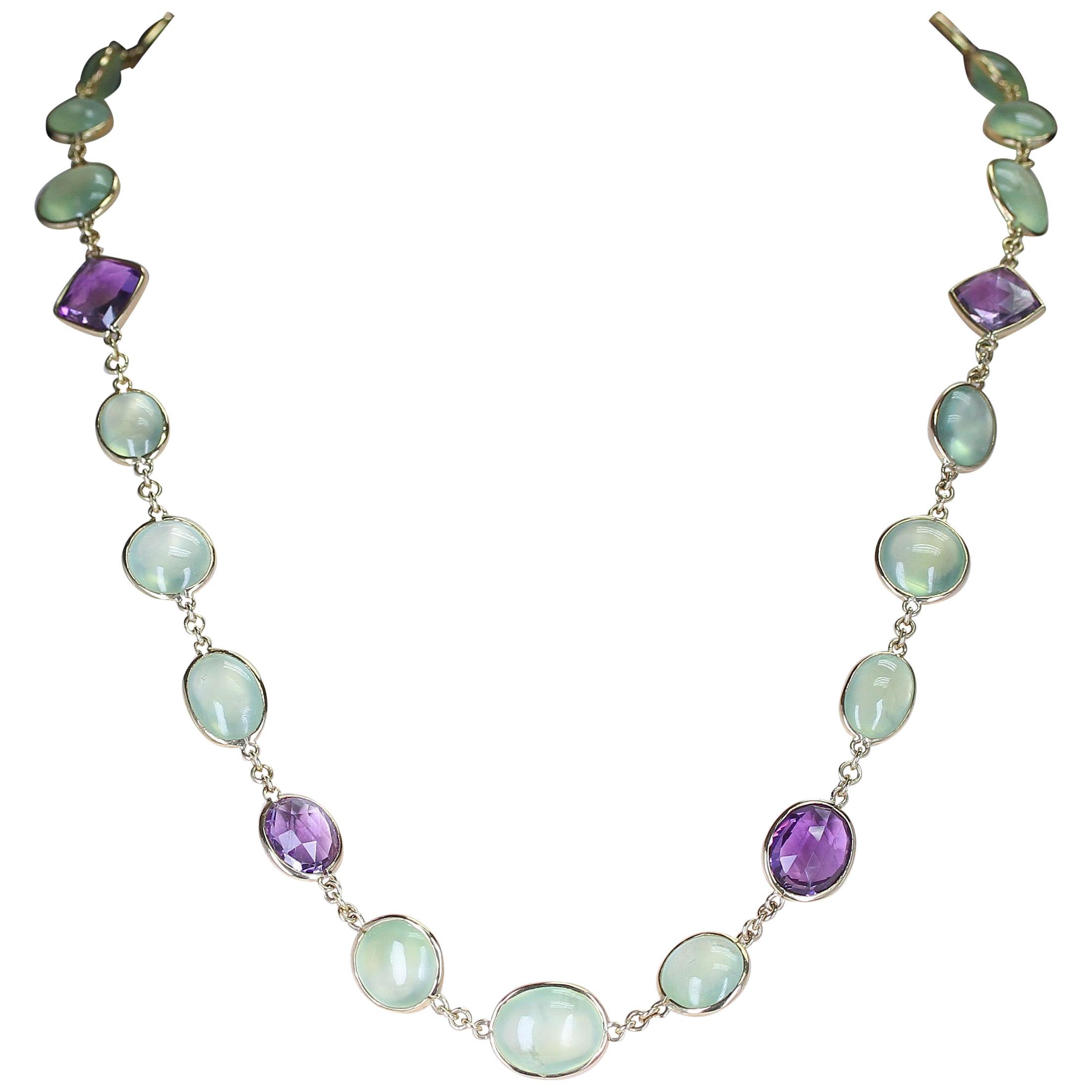 Amethyst and Green Prehnite Double Cabochon Fine 18 Karat Yellow Gold Necklace