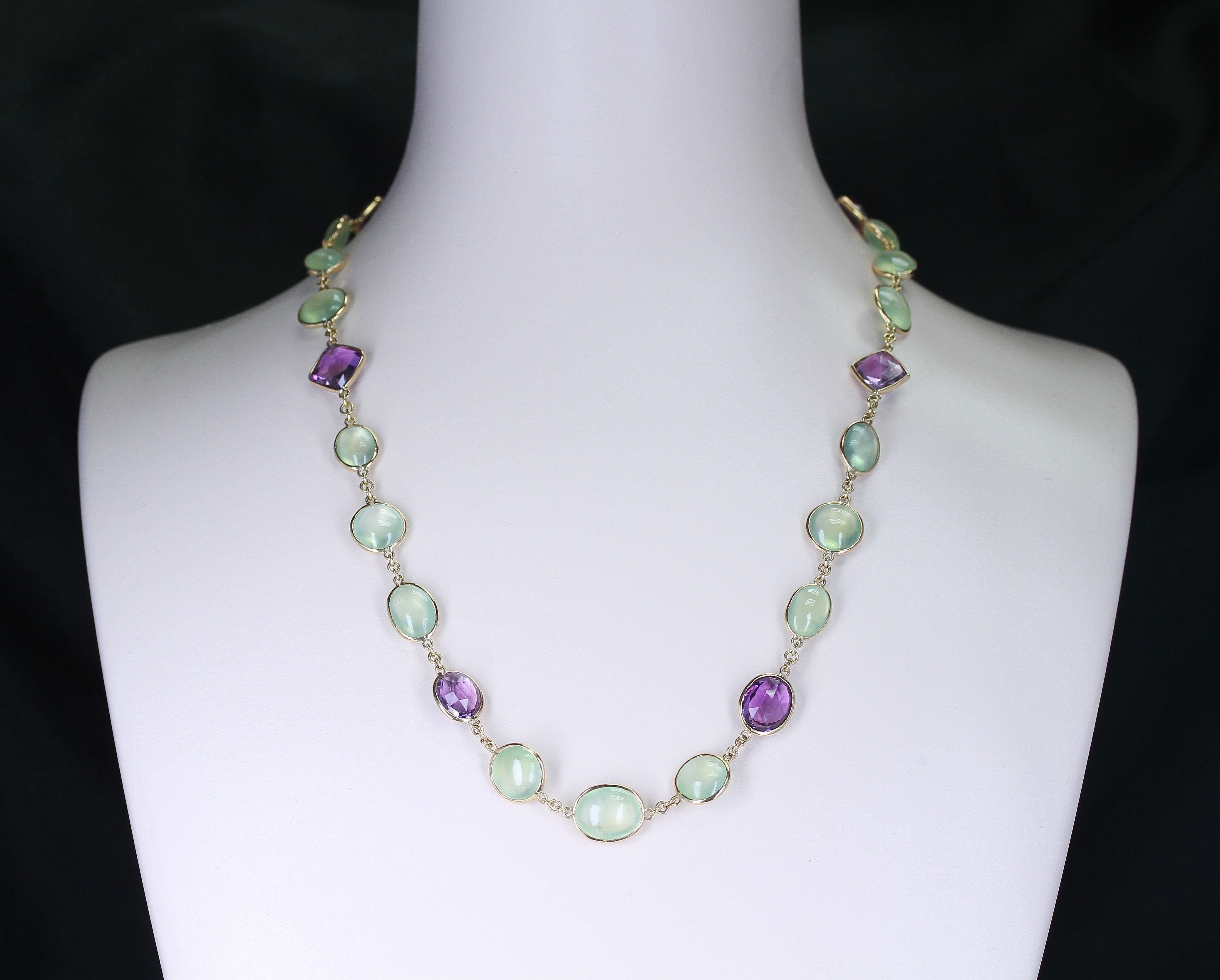 A fine 18K Yellow Gold Necklace with smooth Double Cabochon Amethyst and Green Prehnite. Length: 23.5 Inches, Weight: 237 carats, 750 Stamped. 