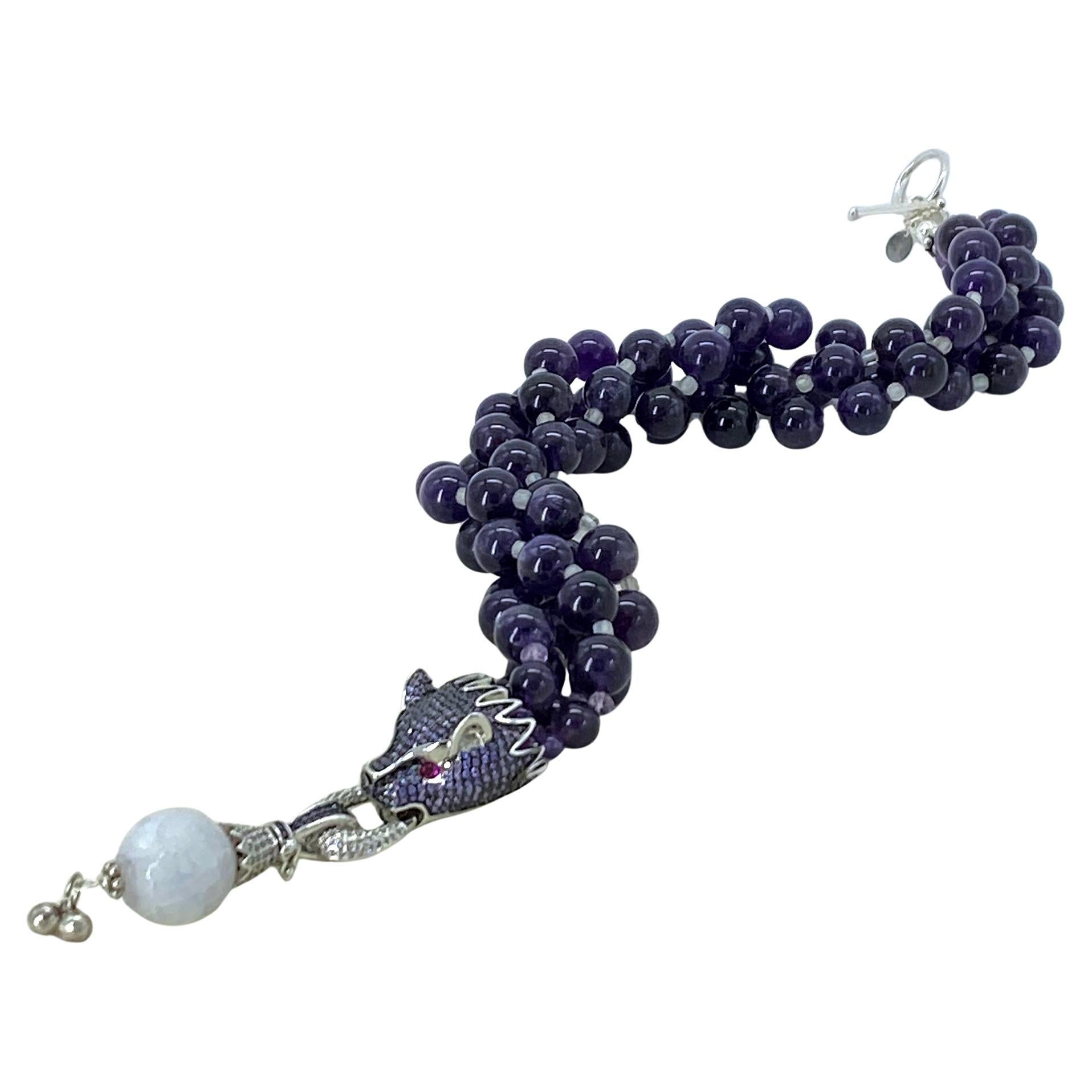 Perlina Amethyst and Labradorite Double Strand Necklace with Dragon Head Pendant in vendita