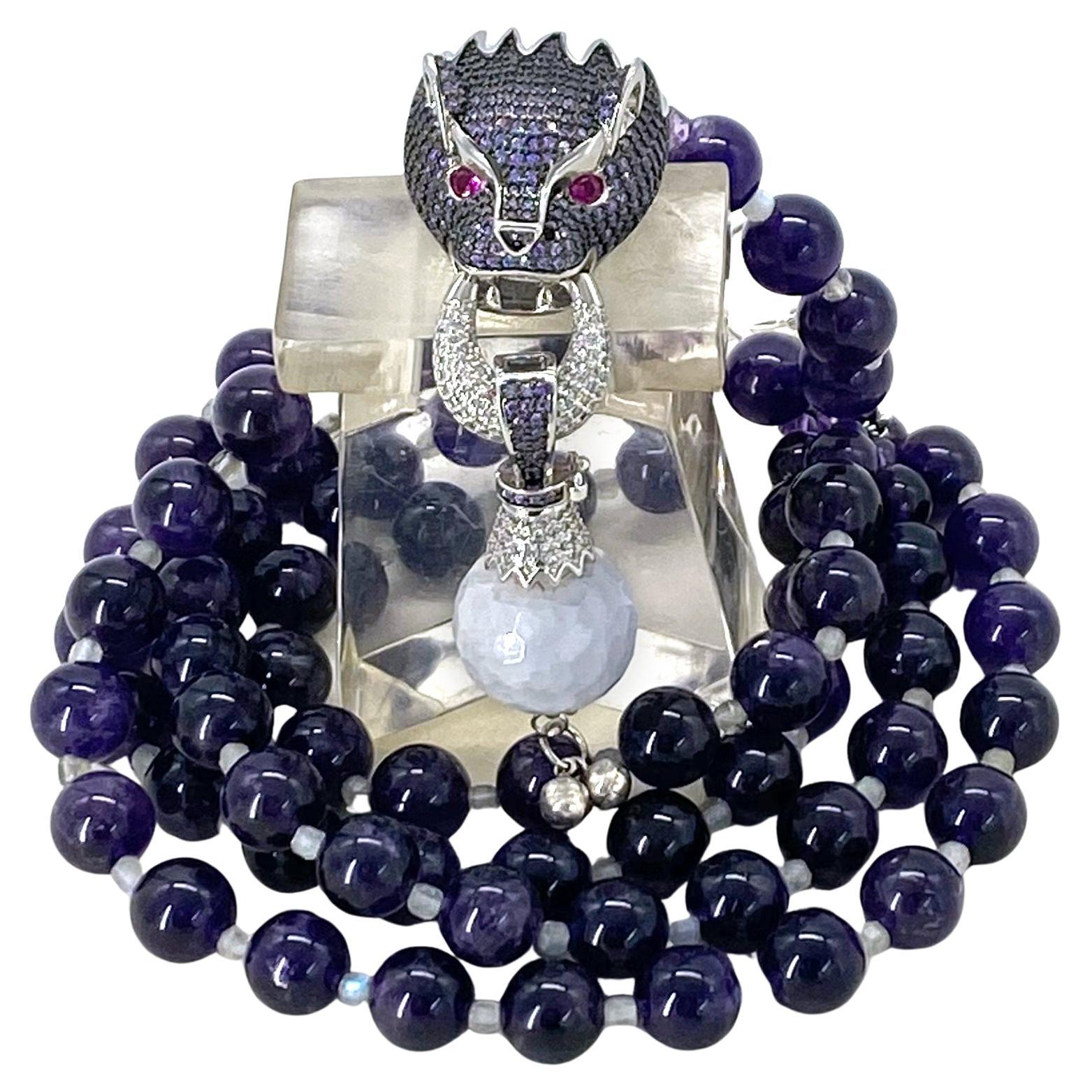 Donna Amethyst and Labradorite Double Strand Necklace with Dragon Head Pendant in vendita