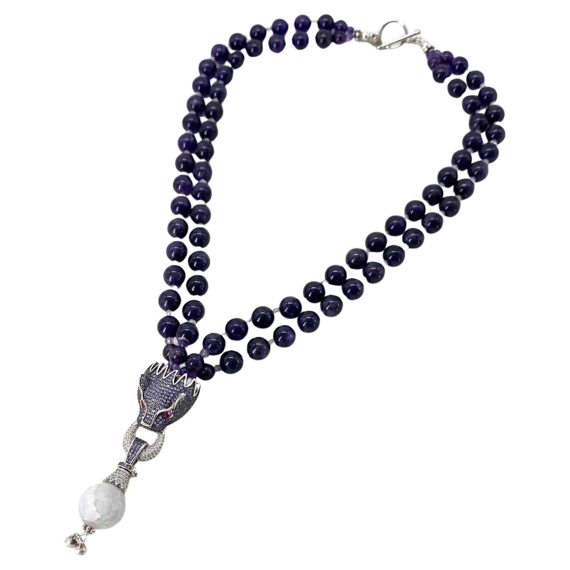 Amethyst and Labradorite Double Strand Necklace with Dragon Head Pendant in vendita 1