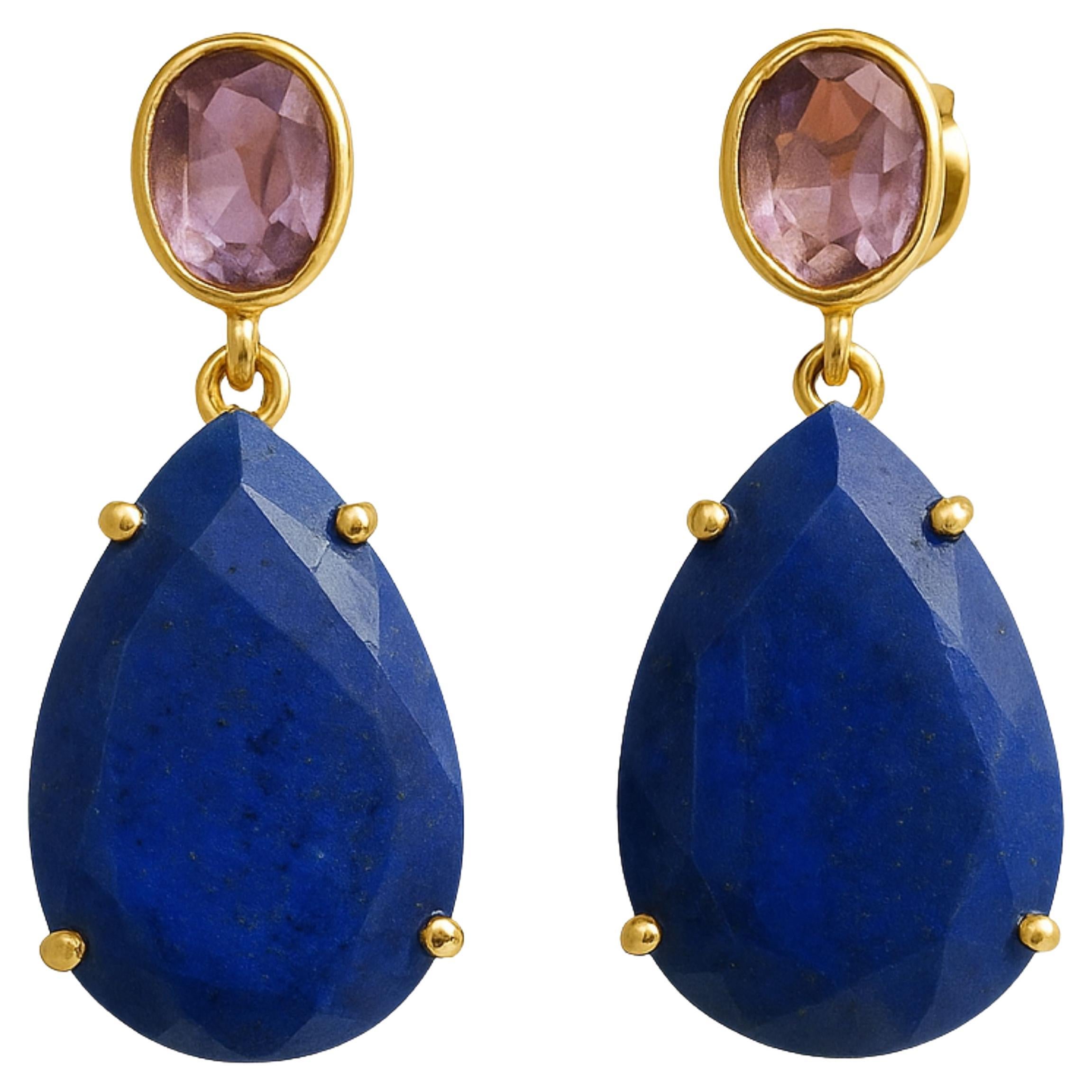 Boucles d
oreilles pendantes en argent plaqué améthyste et lapis-lazuli en vente