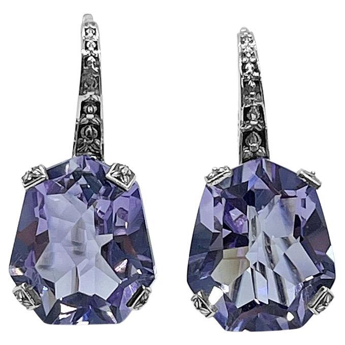 Amethyst and Lavender Moon Quartz Drop Earrings in Sterling Silver in vendita