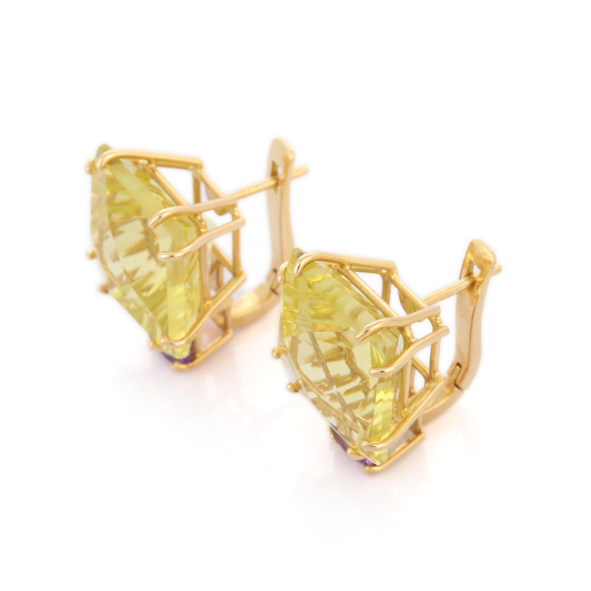 Studs create a subtle beauty while showcasing the colors of the natural precious gemstones making a statement.

Square cut lemon topaz studs with amethyst in 18K gold. Embrace your look with these stunning pair of earrings suitable for any occasion