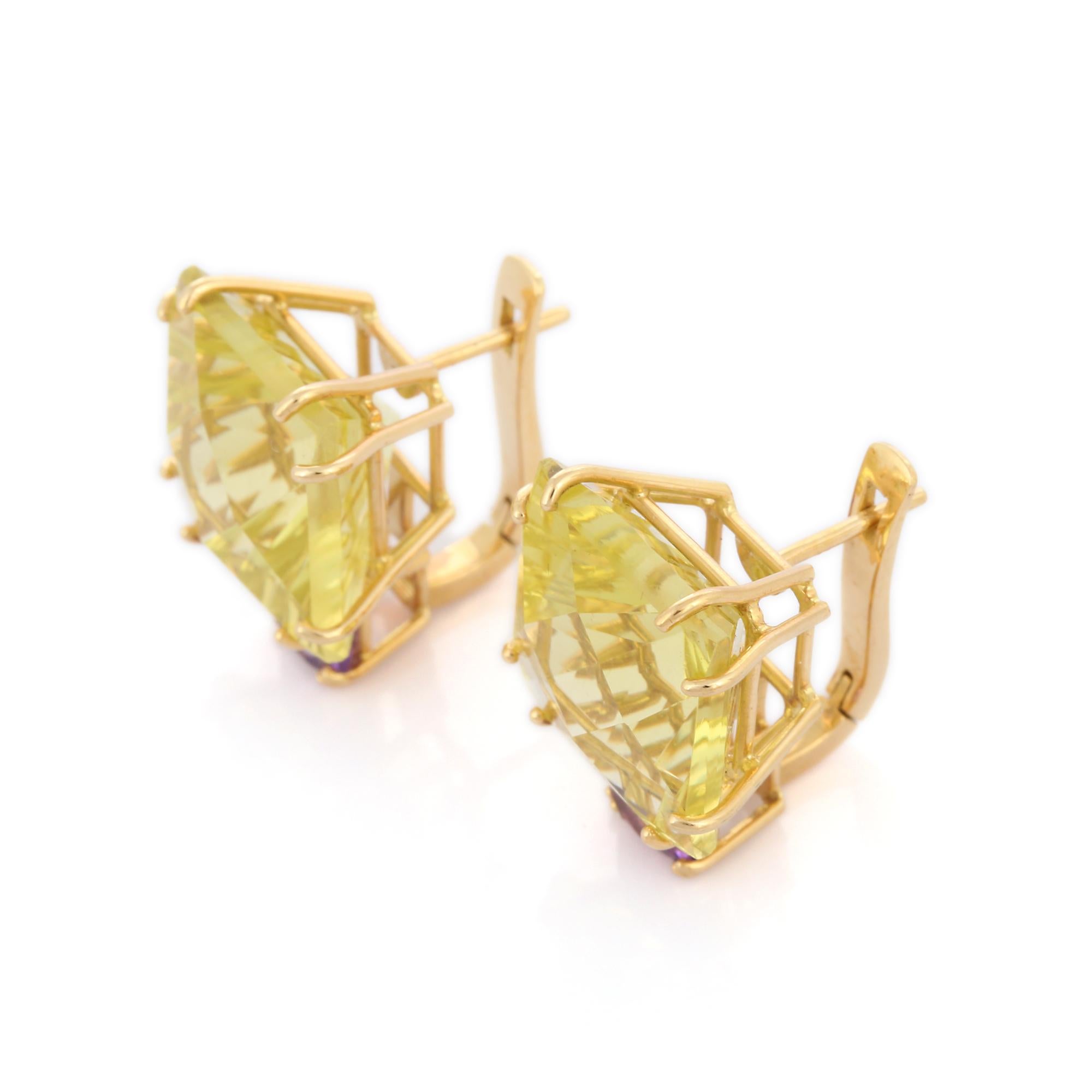 Les clous d'oreilles créent une beauté subtile tout en mettant en valeur les couleurs des pierres précieuses naturelles.

Boucles d'oreilles en or 18 carrées en topaze citron et améthyste. Embrassez votre look avec cette superbe paire de boucles