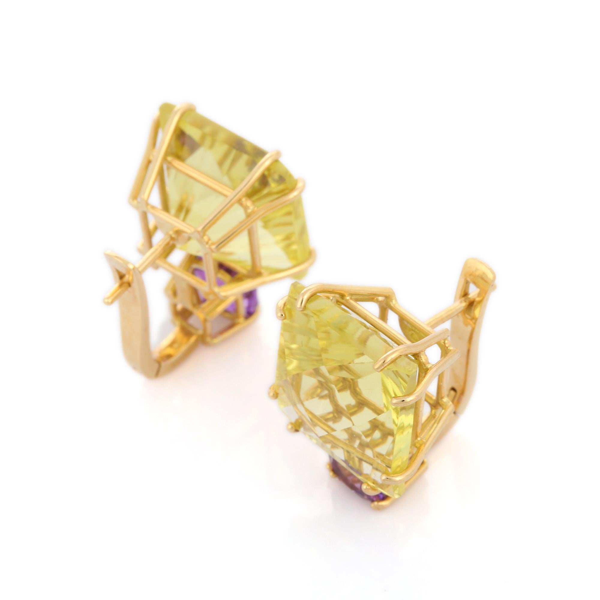 Art Deco Amethyst and Lemon Topaz Clip on Stud Earrings in 18K Yellow Gold For Sale