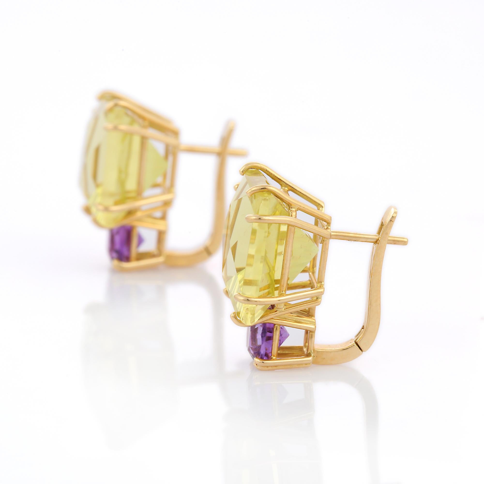 Square Cut Amethyst and Lemon Topaz Clip on Stud Earrings in 18K Yellow Gold For Sale