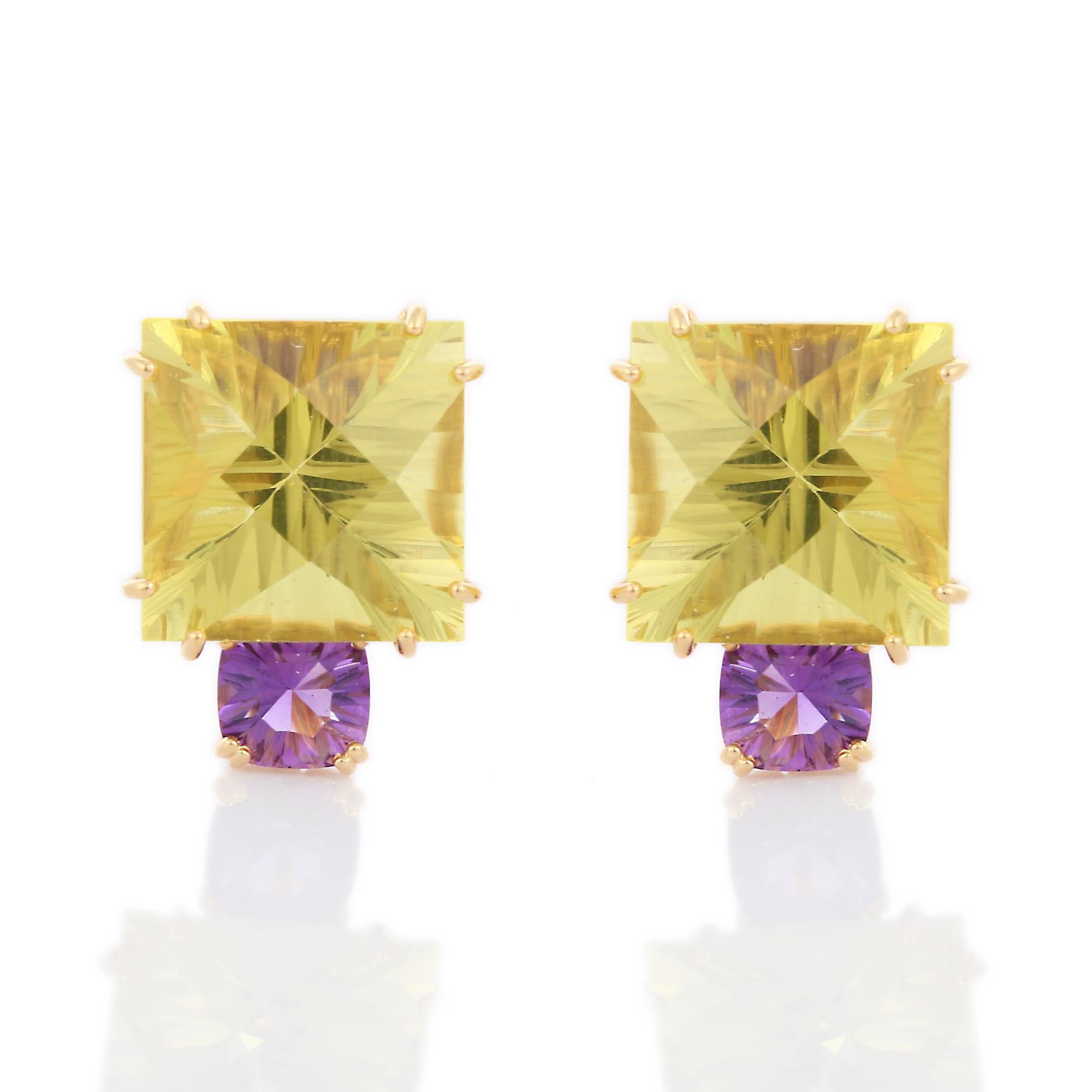 Amethyst and Lemon Topaz Clip on Stud Earrings in 18K Yellow Gold In New Condition For Sale In Houston, TX