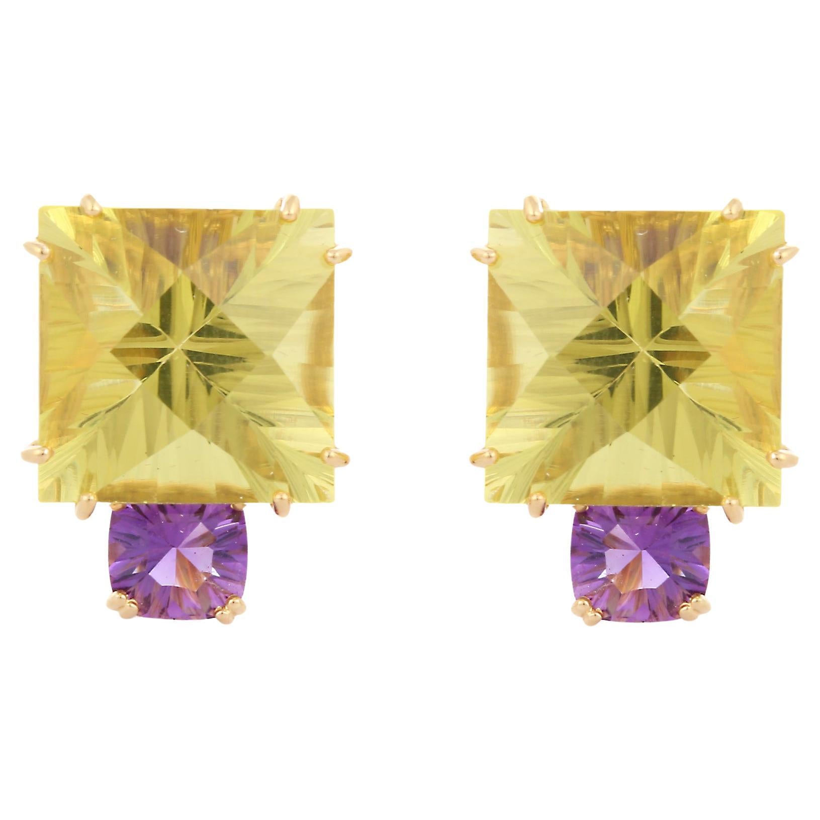 Amethyst and Lemon Topaz Clip on Stud Earrings in 18K Yellow Gold For Sale