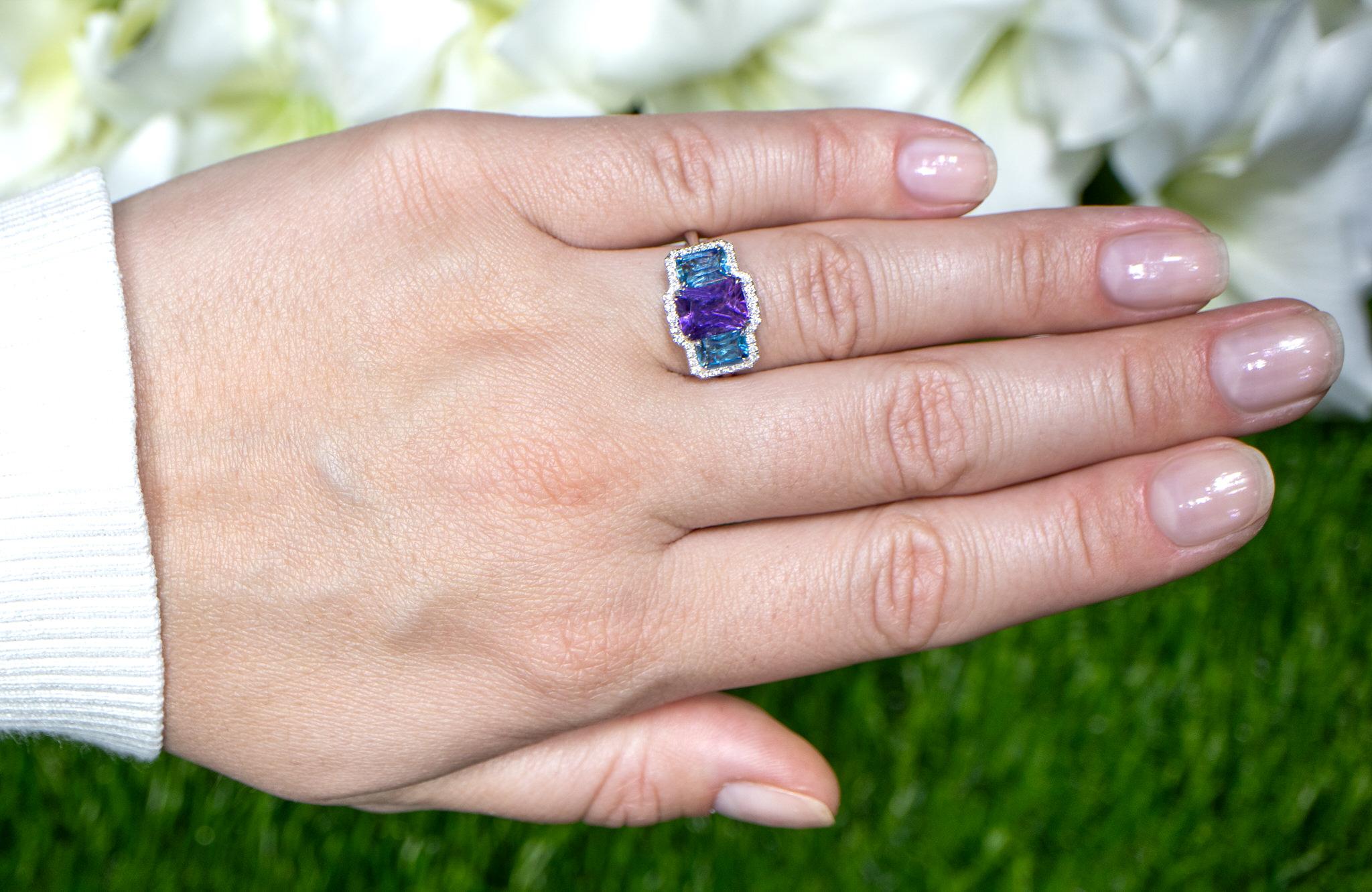 Octagon Cut Amethyst and London Blue Topaz Three Stone Ring Diamond Setting 3.06 Carats 18K For Sale