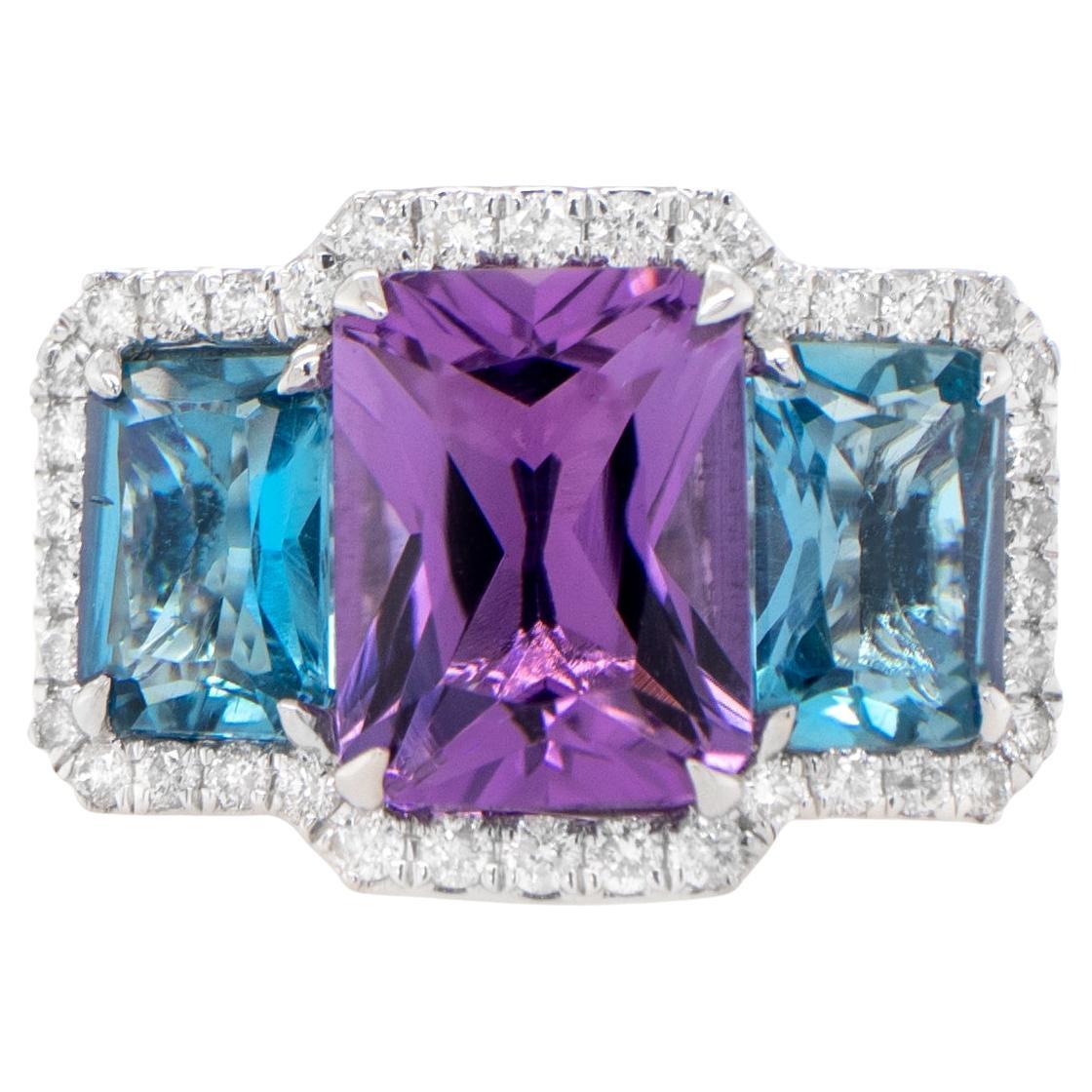 Amethyst and London Blue Topaz Three Stone Ring Diamond Setting 3.06 Carats 18K For Sale
