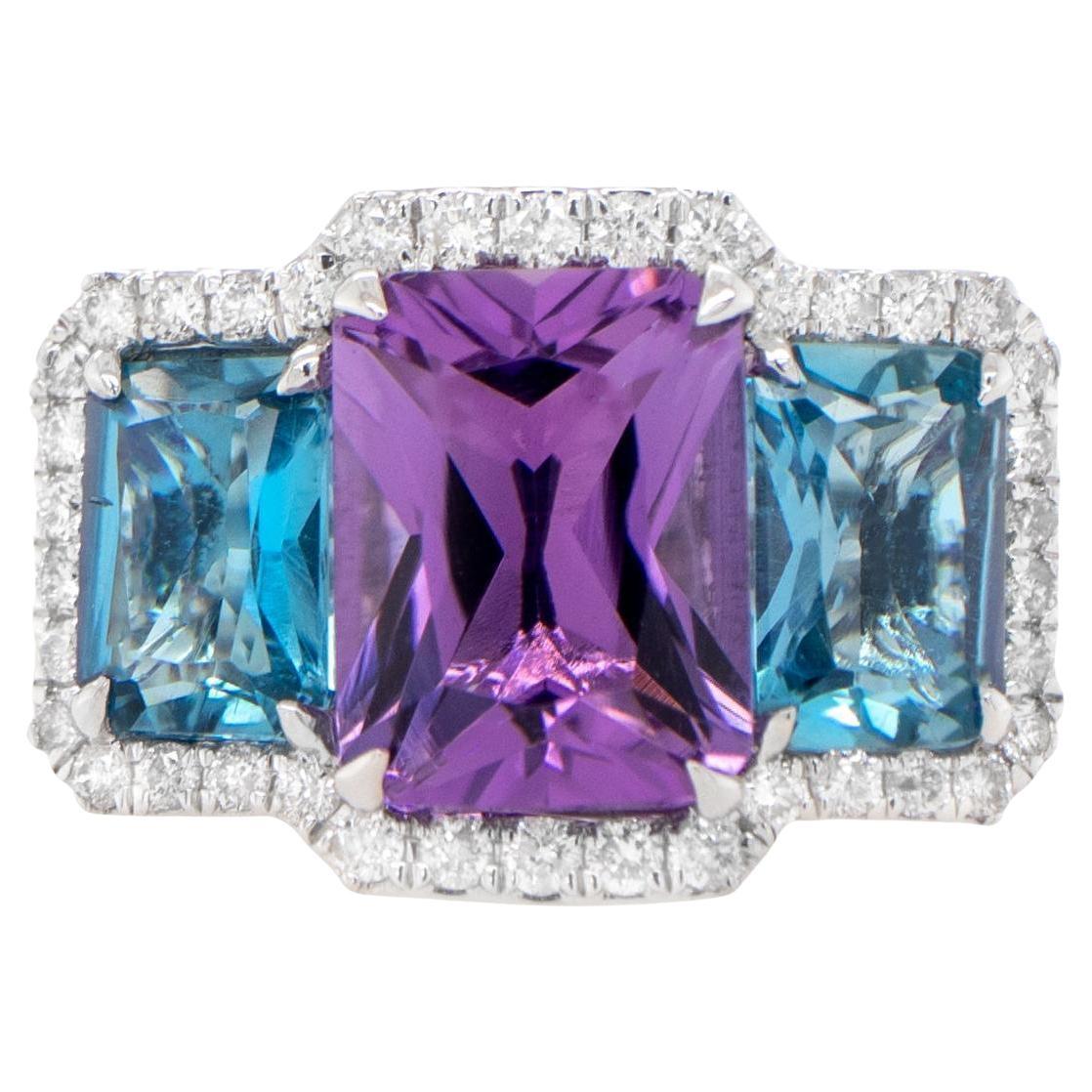Amethyst and London Blue Topaz Three Stone Ring Diamond Setting 3.06 Carats 18K For Sale