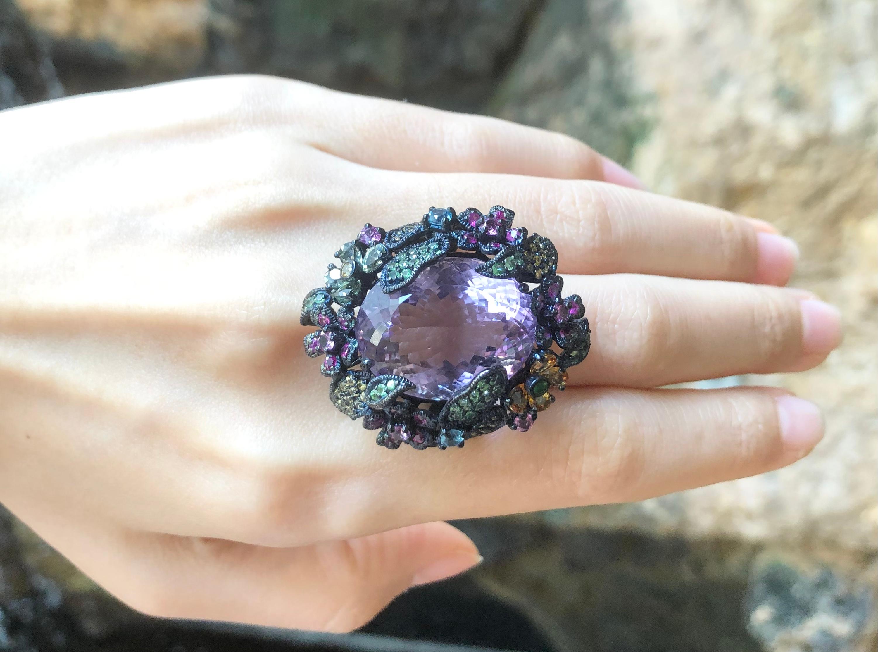 Amethyst and Multi-Color Sapphire, Tsavorite Ring set in Silver Settings For Sale 5