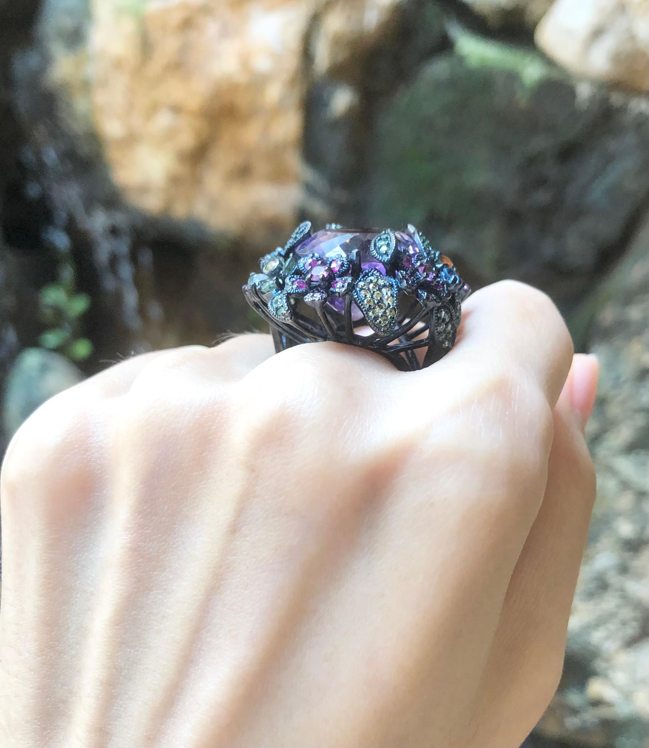 Amethyst and Multi-Color Sapphire, Tsavorite Ring set in Silver Settings For Sale 6