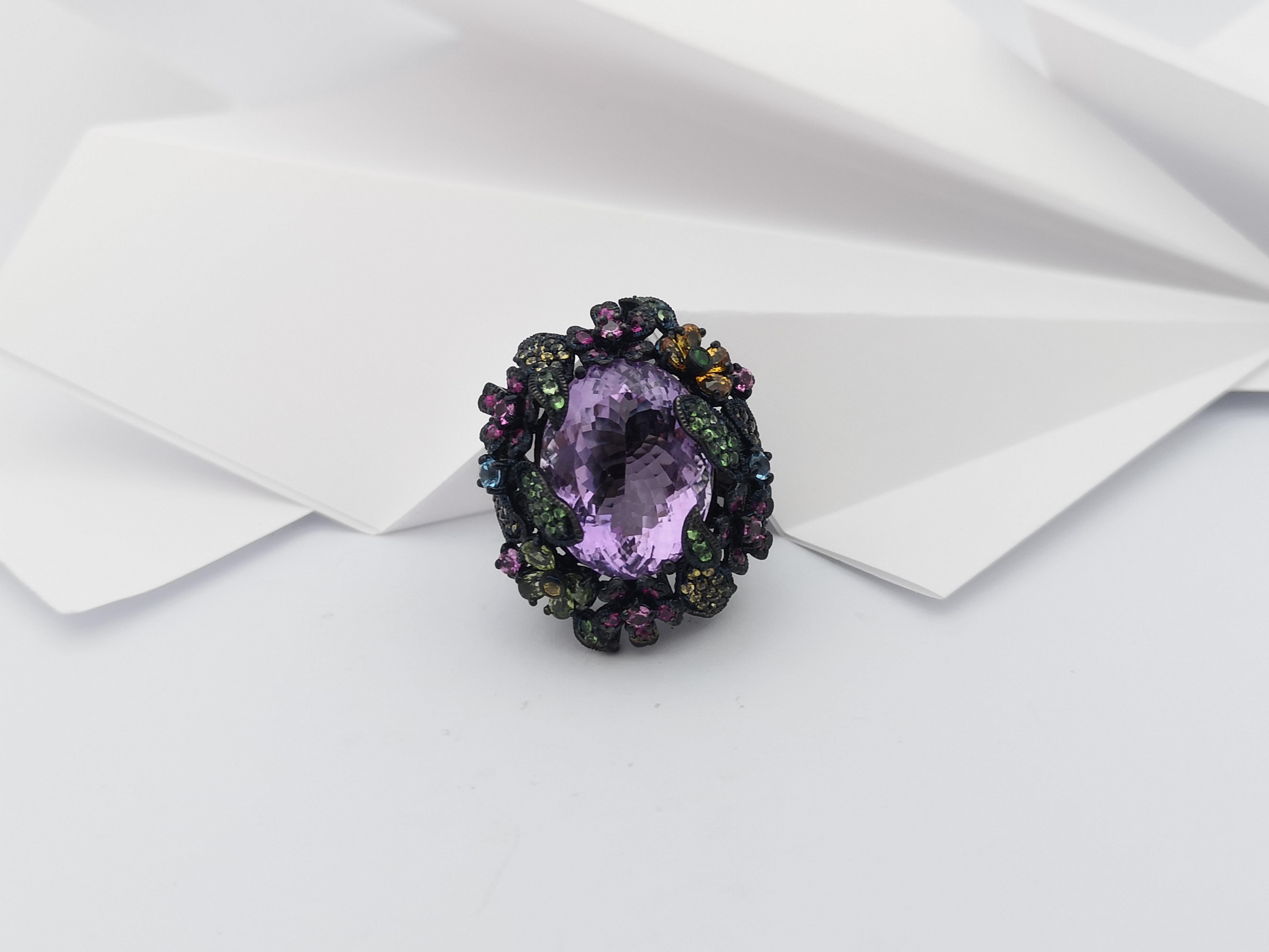 Amethyst and Multi-Color Sapphire, Tsavorite Ring set in Silver Settings For Sale 7