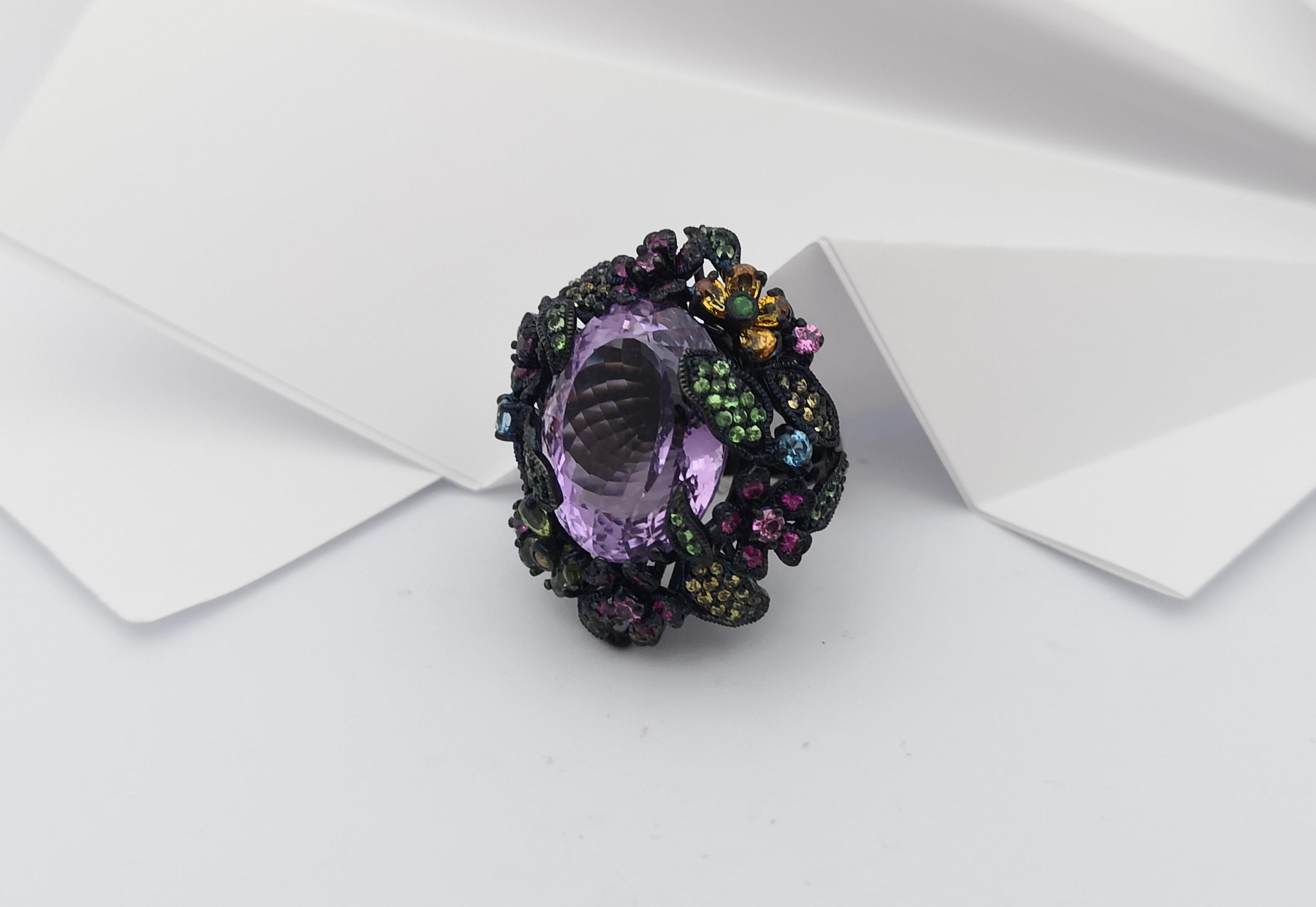 Amethyst and Multi-Color Sapphire, Tsavorite Ring set in Silver Settings For Sale 8