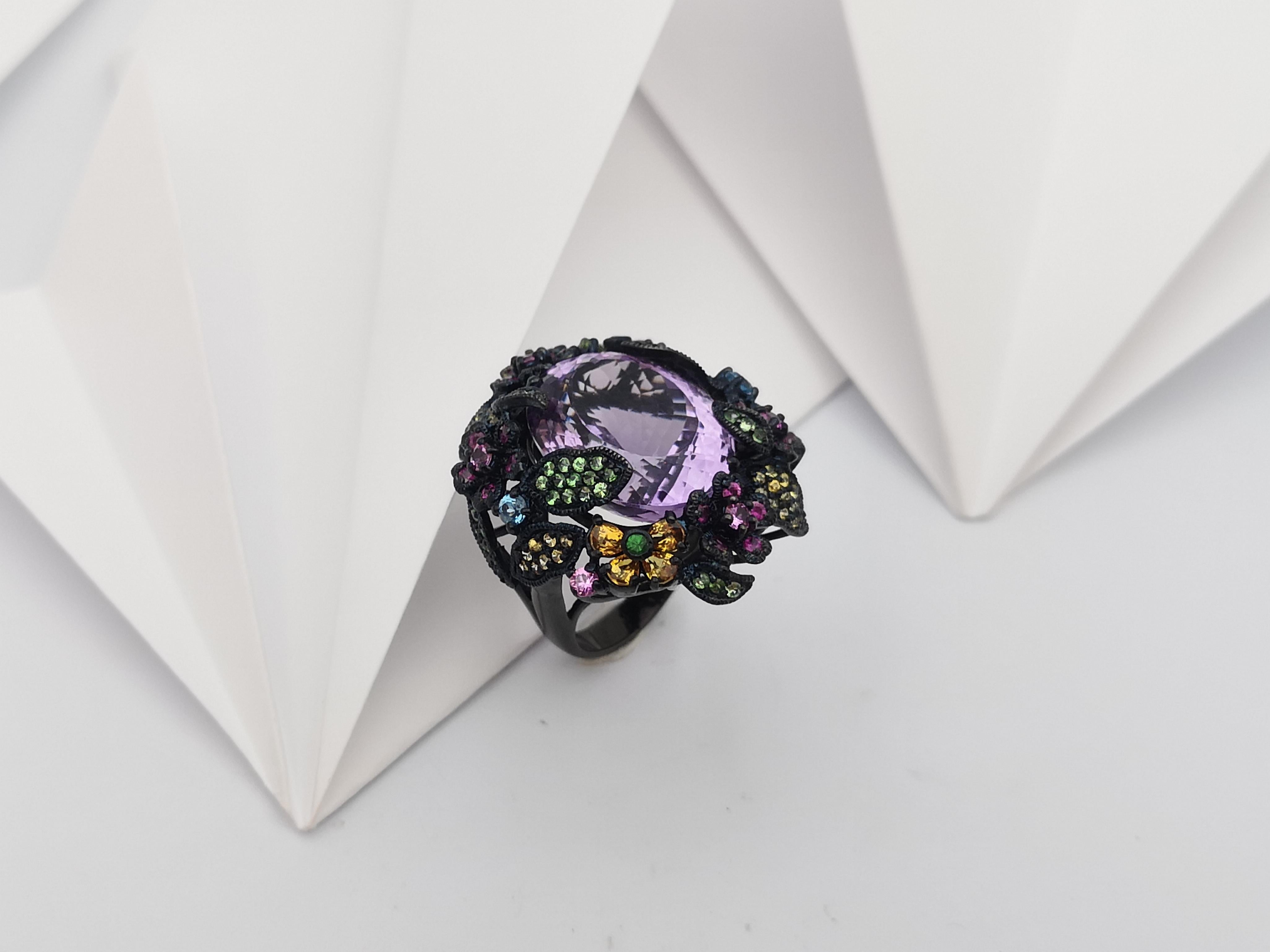 Amethyst and Multi-Color Sapphire, Tsavorite Ring set in Silver Settings For Sale 10