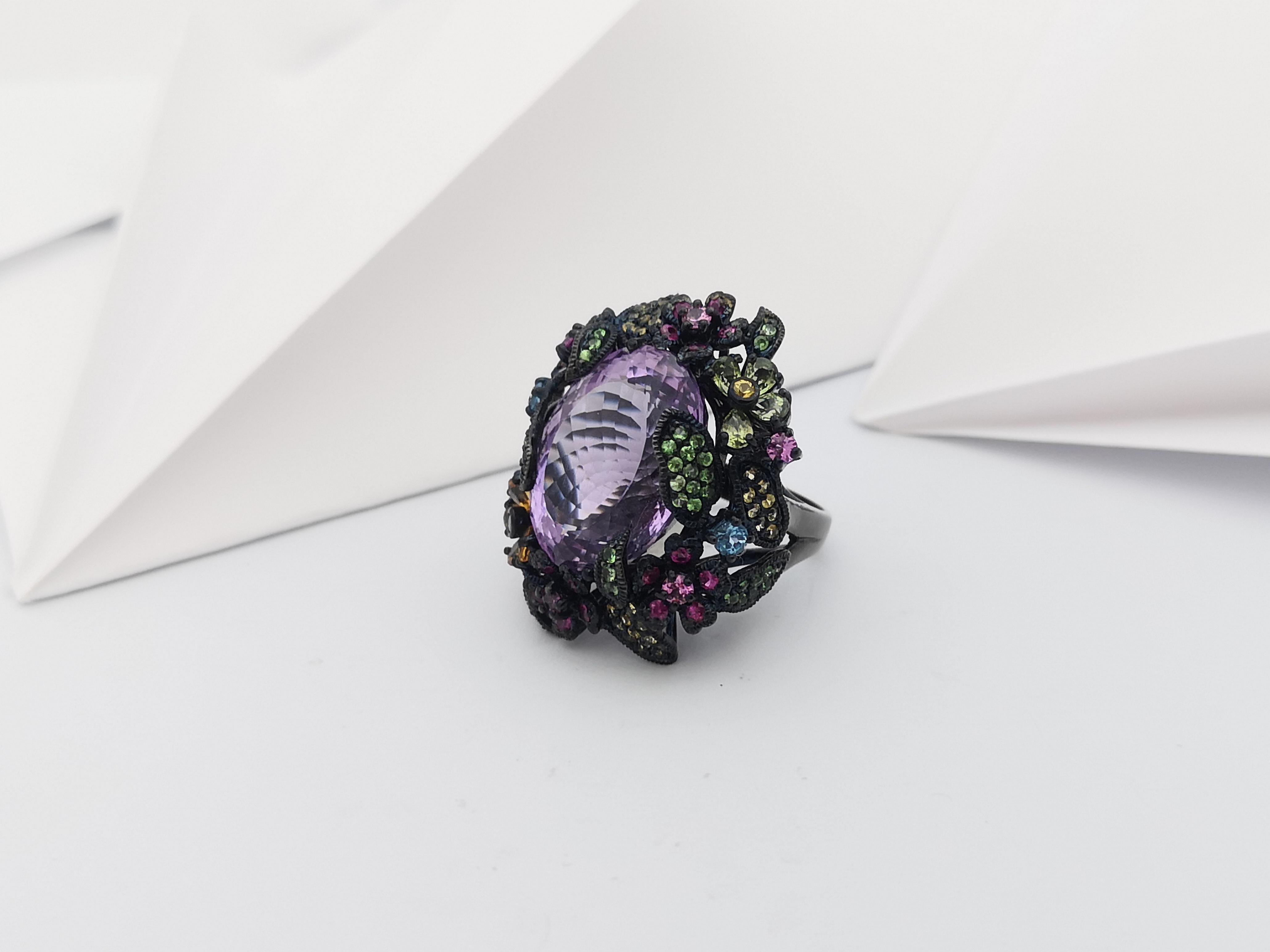 Amethyst and Multi-Color Sapphire, Tsavorite Ring set in Silver Settings For Sale 12