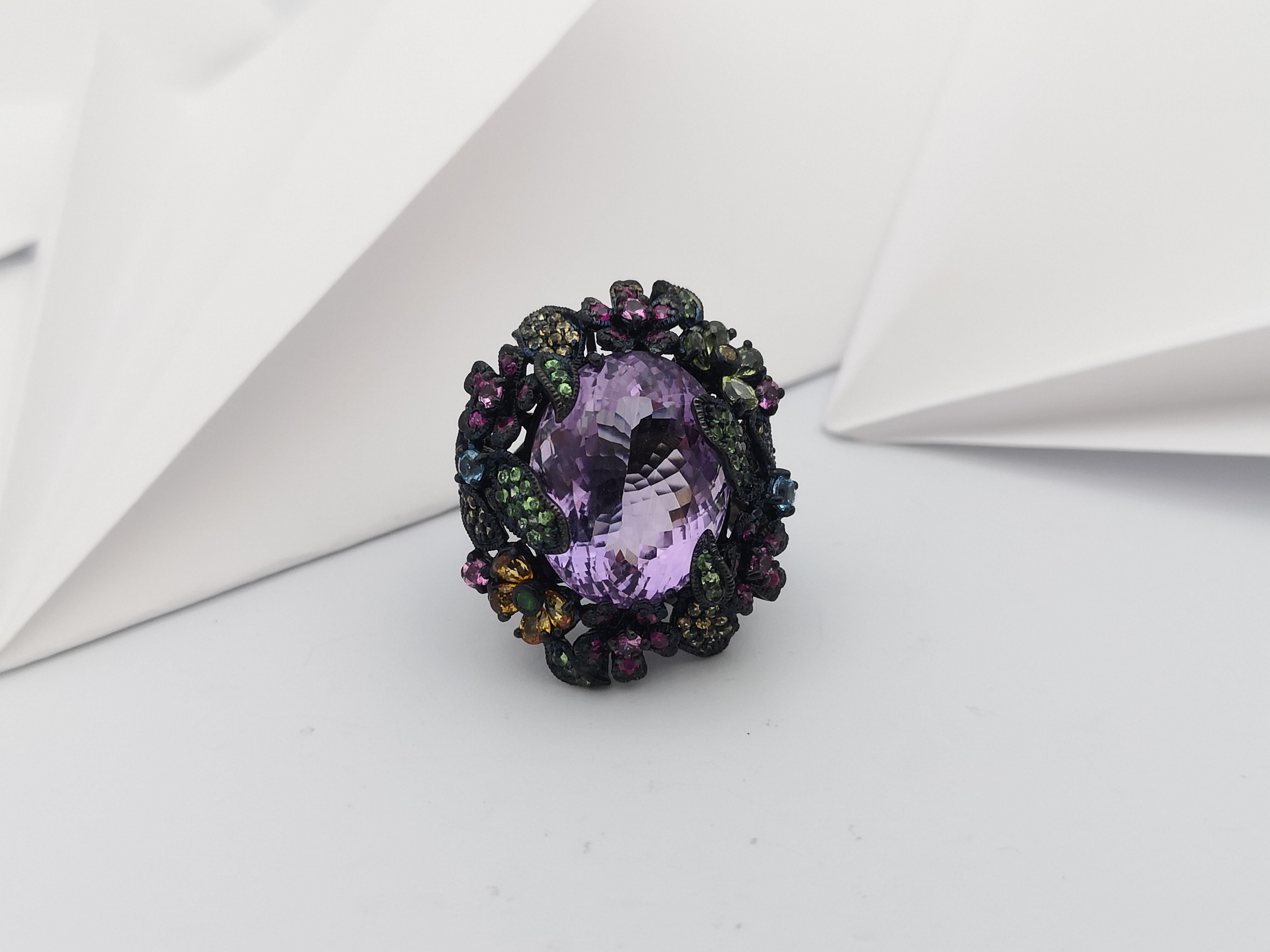 Amethyst and Multi-Color Sapphire, Tsavorite Ring set in Silver Settings For Sale 13