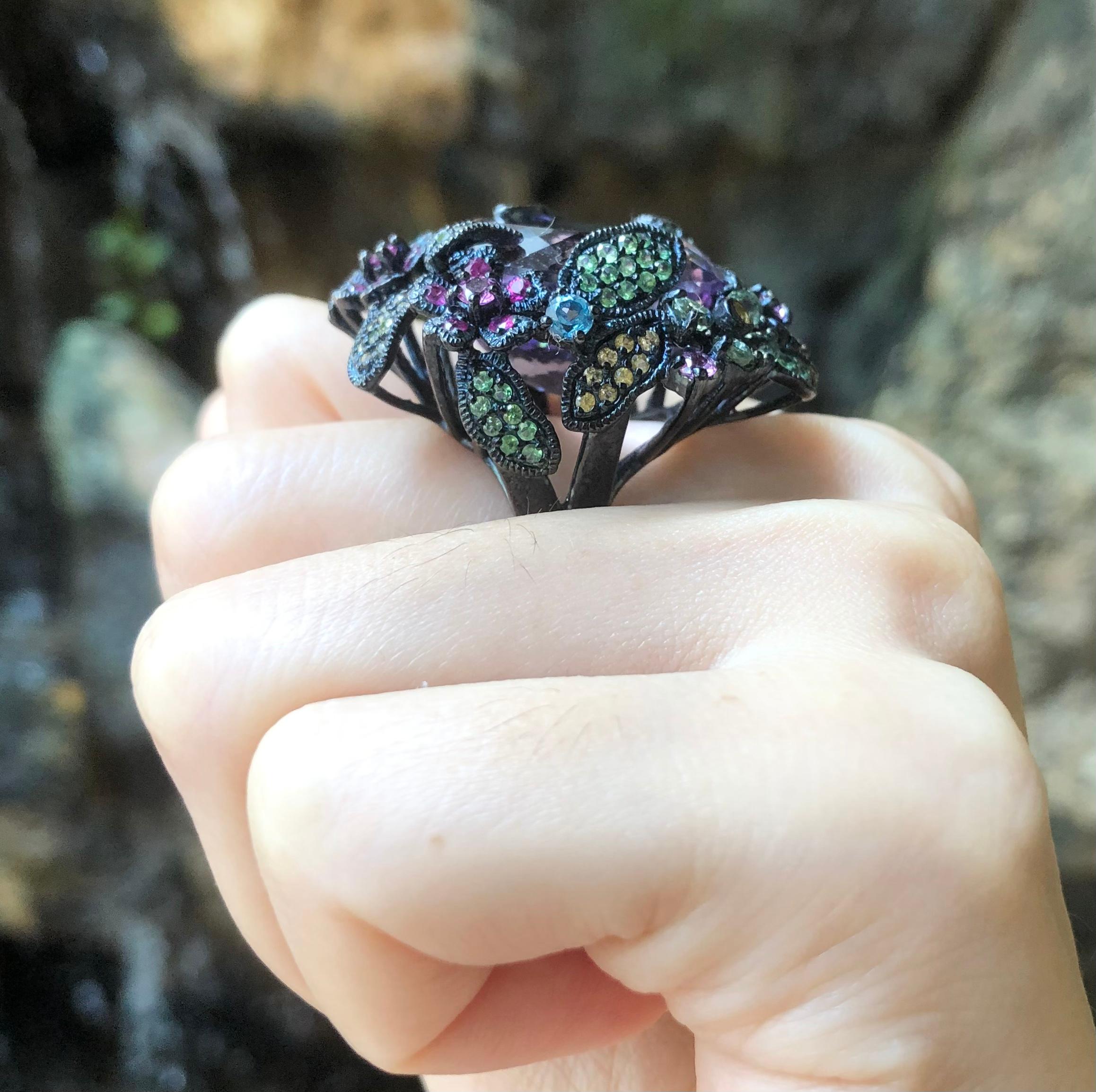 Contemporary Amethyst and Multi-Color Sapphire, Tsavorite Ring set in Silver Settings For Sale