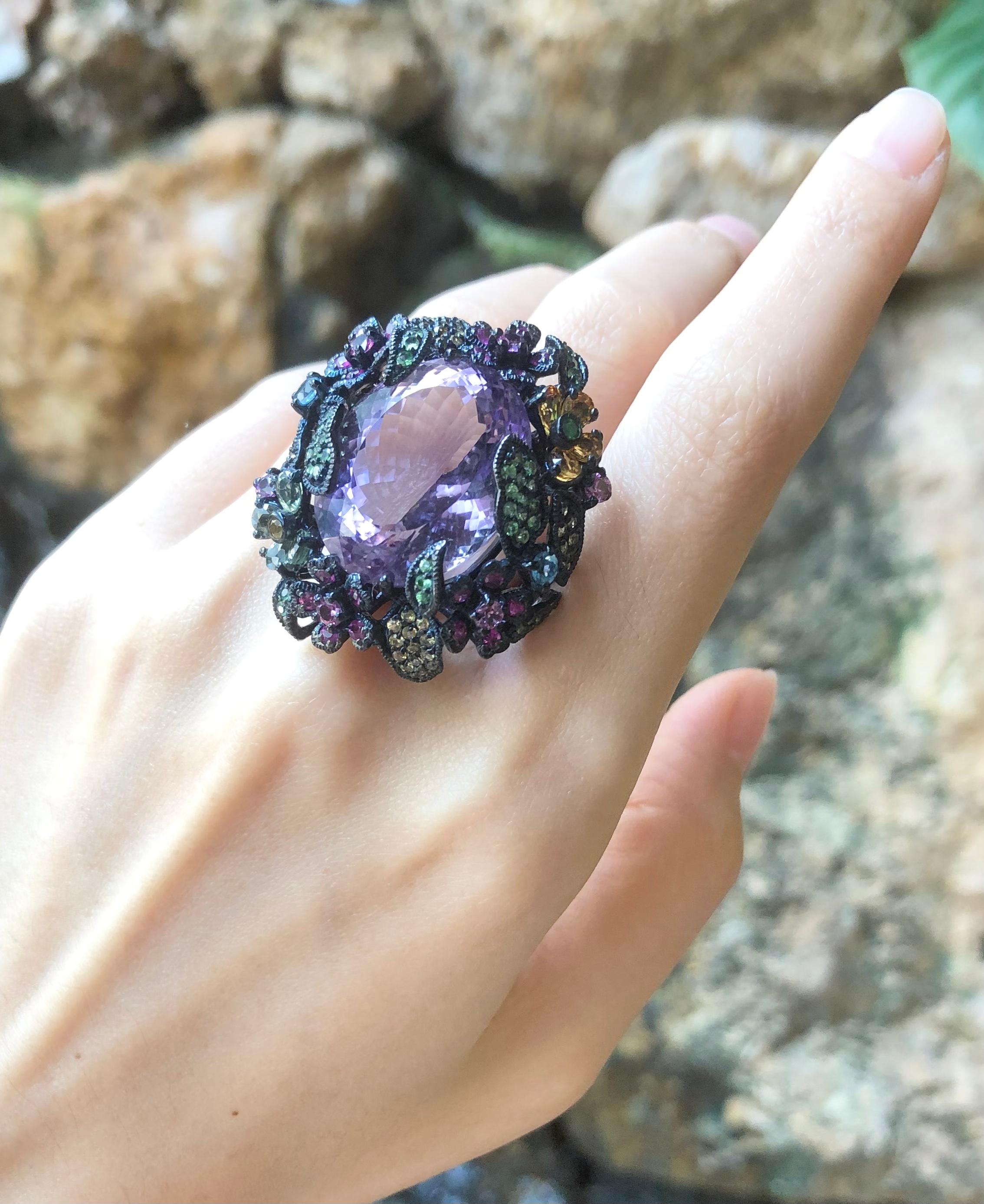 Round Cut Amethyst and Multi-Color Sapphire, Tsavorite Ring set in Silver Settings For Sale