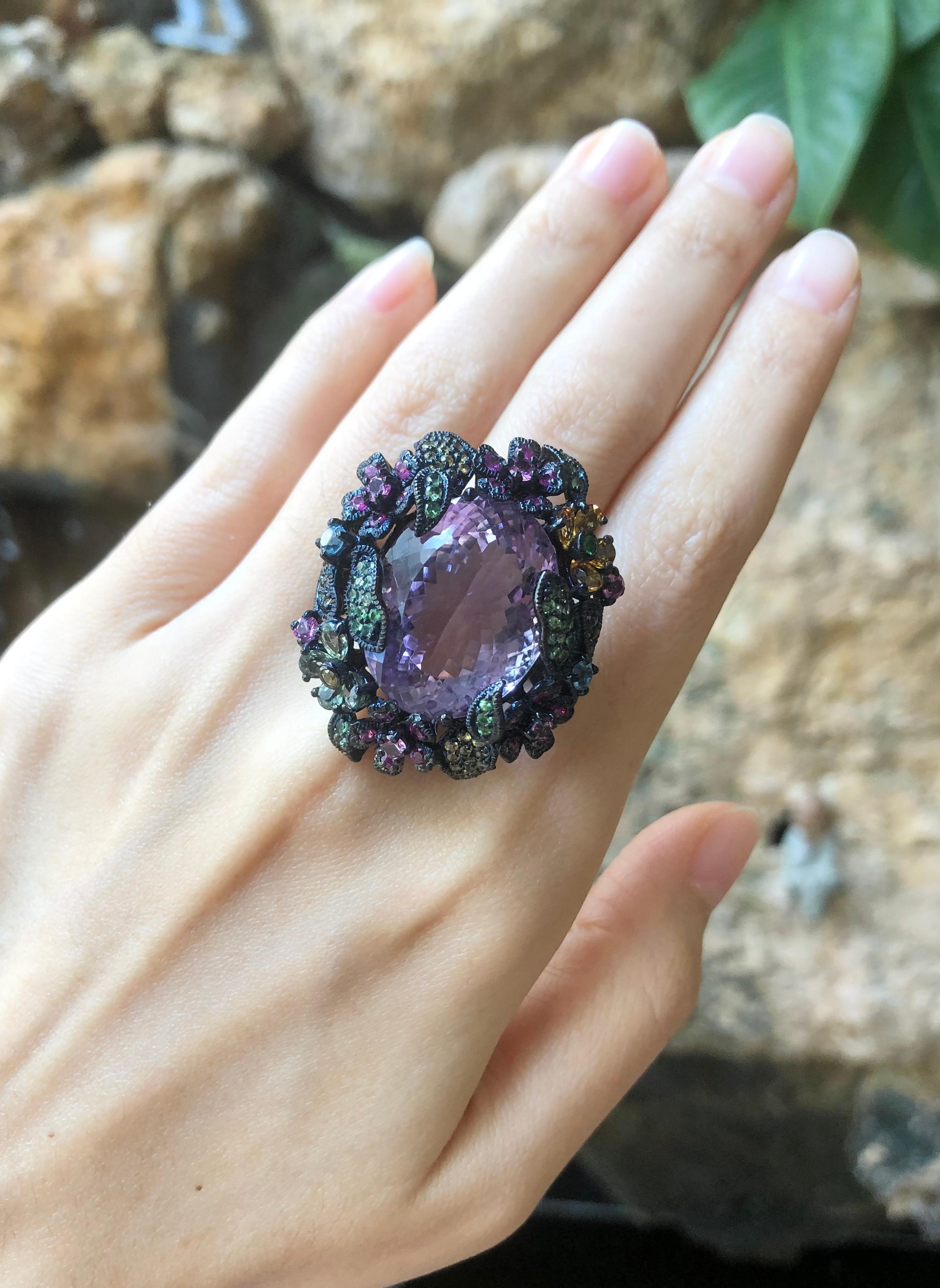 Women's Amethyst and Multi-Color Sapphire, Tsavorite Ring set in Silver Settings For Sale