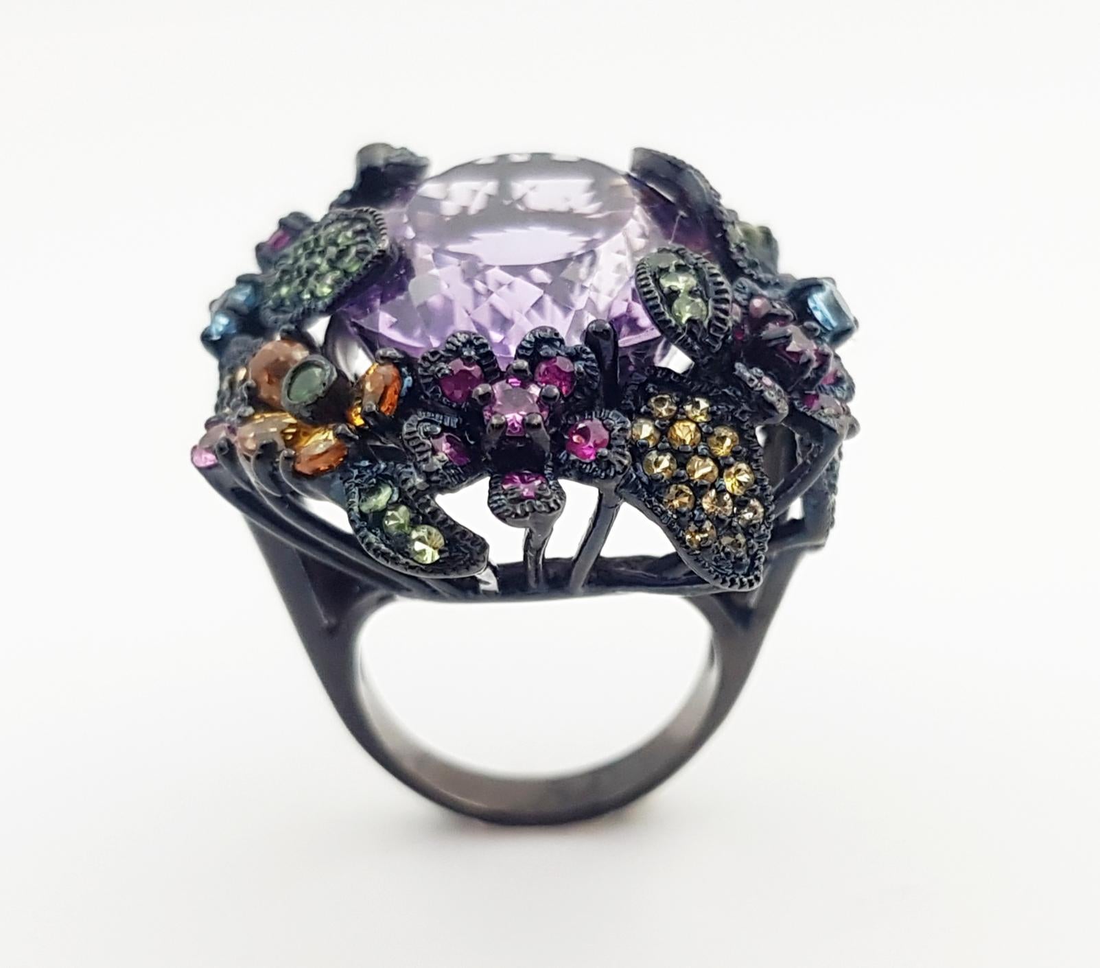 Amethyst and Multi-Color Sapphire, Tsavorite Ring set in Silver Settings For Sale 1