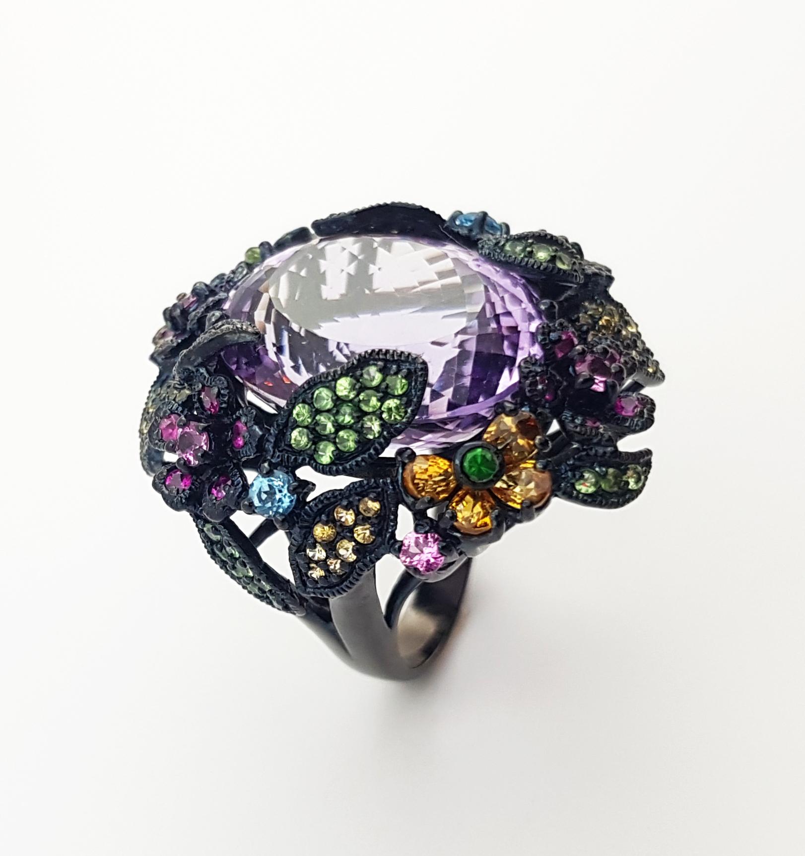 Amethyst and Multi-Color Sapphire, Tsavorite Ring set in Silver Settings For Sale 2