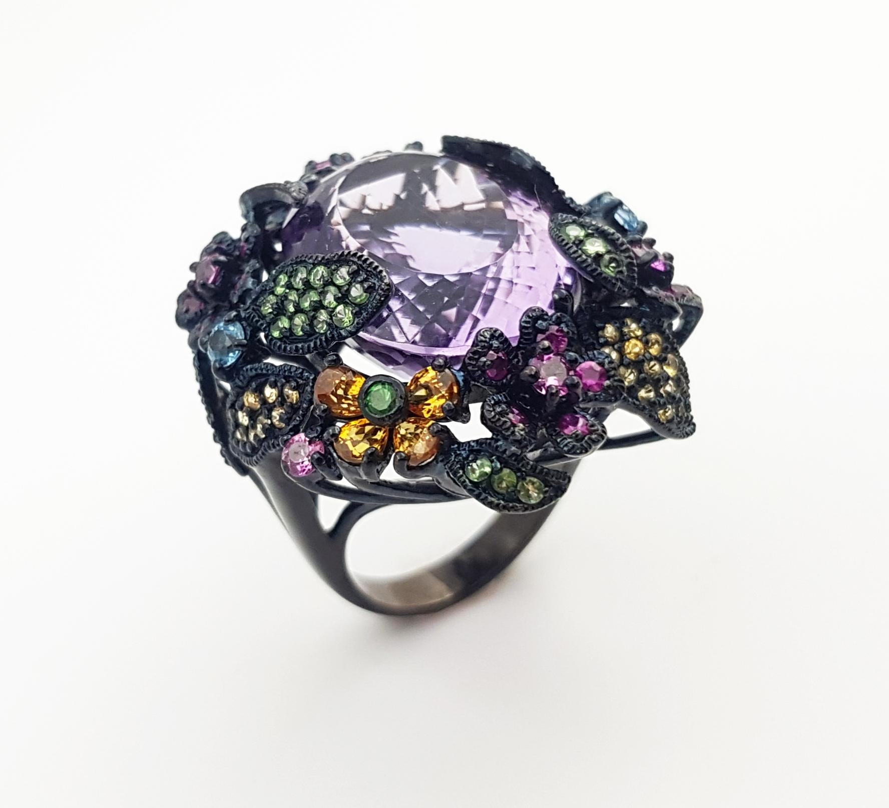 Amethyst and Multi-Color Sapphire, Tsavorite Ring set in Silver Settings For Sale 3