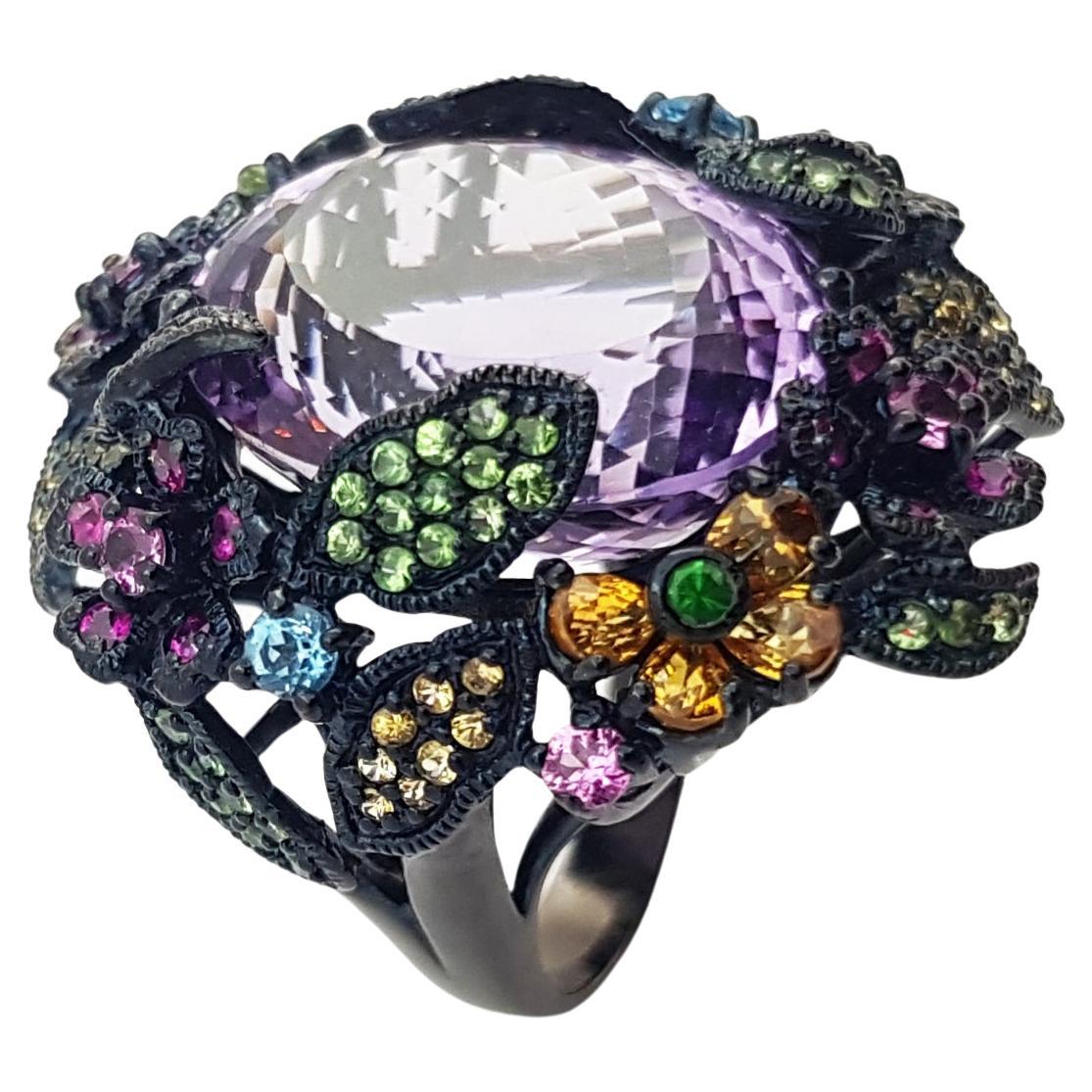 Amethyst and Multi-Color Sapphire, Tsavorite Ring set in Silver Settings For Sale