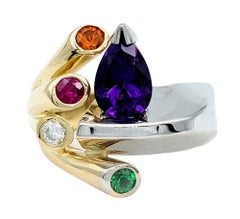 Amethyst and Multi-Gemstone Asymmetric Cocktail Ring in Two Tone 14 Karat Gold