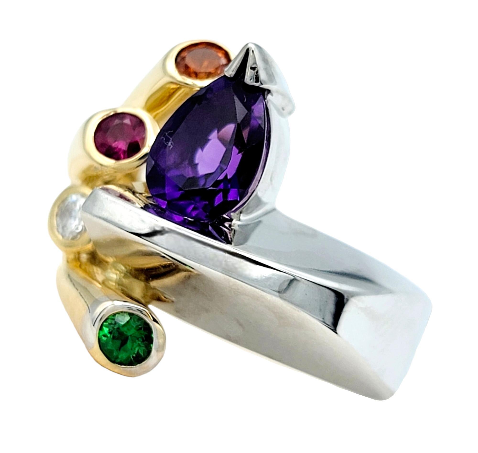 Contemporary Amethyst and Multi-Gemstone Asymmetric Cocktail Ring in Two Tone 14 Karat Gold  For Sale