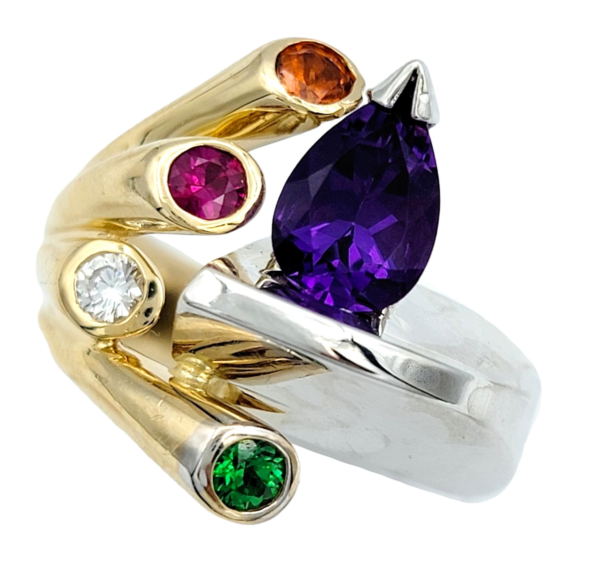 Pear Cut Amethyst and Multi-Gemstone Asymmetric Cocktail Ring in Two Tone 14 Karat Gold  For Sale