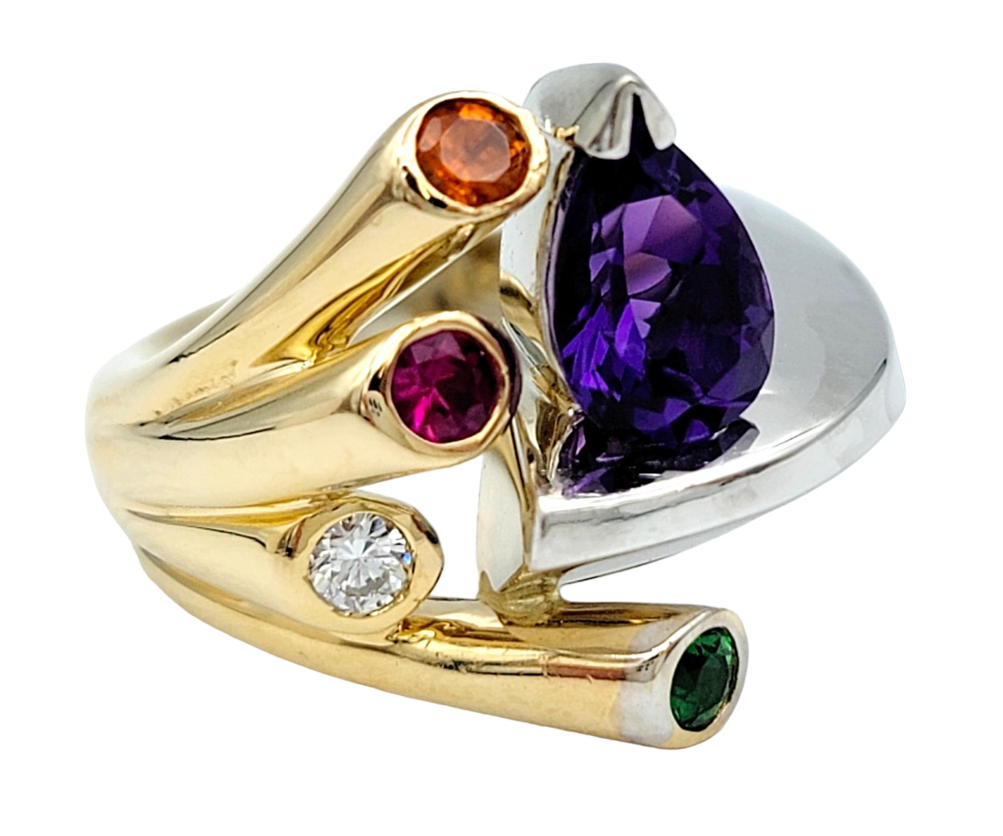 Amethyst and Multi-Gemstone Asymmetric Cocktail Ring in Two Tone 14 Karat Gold  In Good Condition For Sale In Scottsdale, AZ