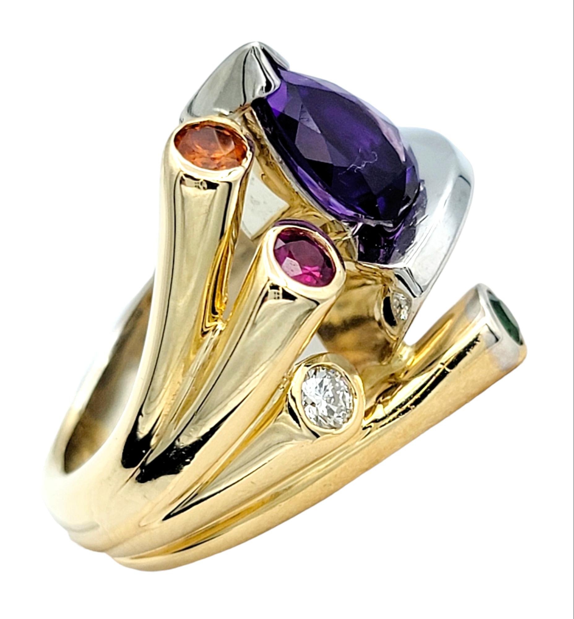 Women's Amethyst and Multi-Gemstone Asymmetric Cocktail Ring in Two Tone 14 Karat Gold  For Sale
