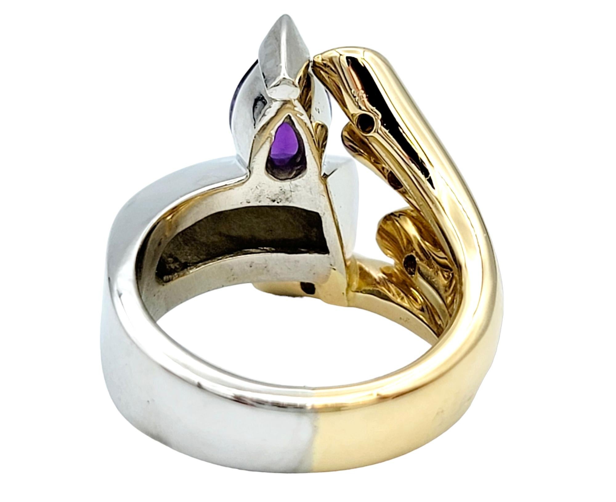 Amethyst and Multi-Gemstone Asymmetric Cocktail Ring in Two Tone 14 Karat Gold  For Sale 1