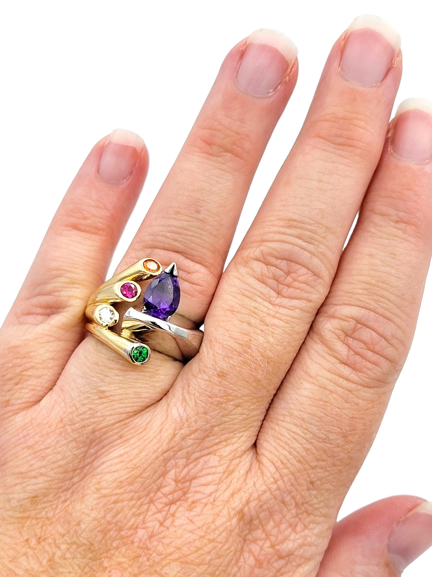 Amethyst and Multi-Gemstone Asymmetric Cocktail Ring in Two Tone 14 Karat Gold  For Sale 3