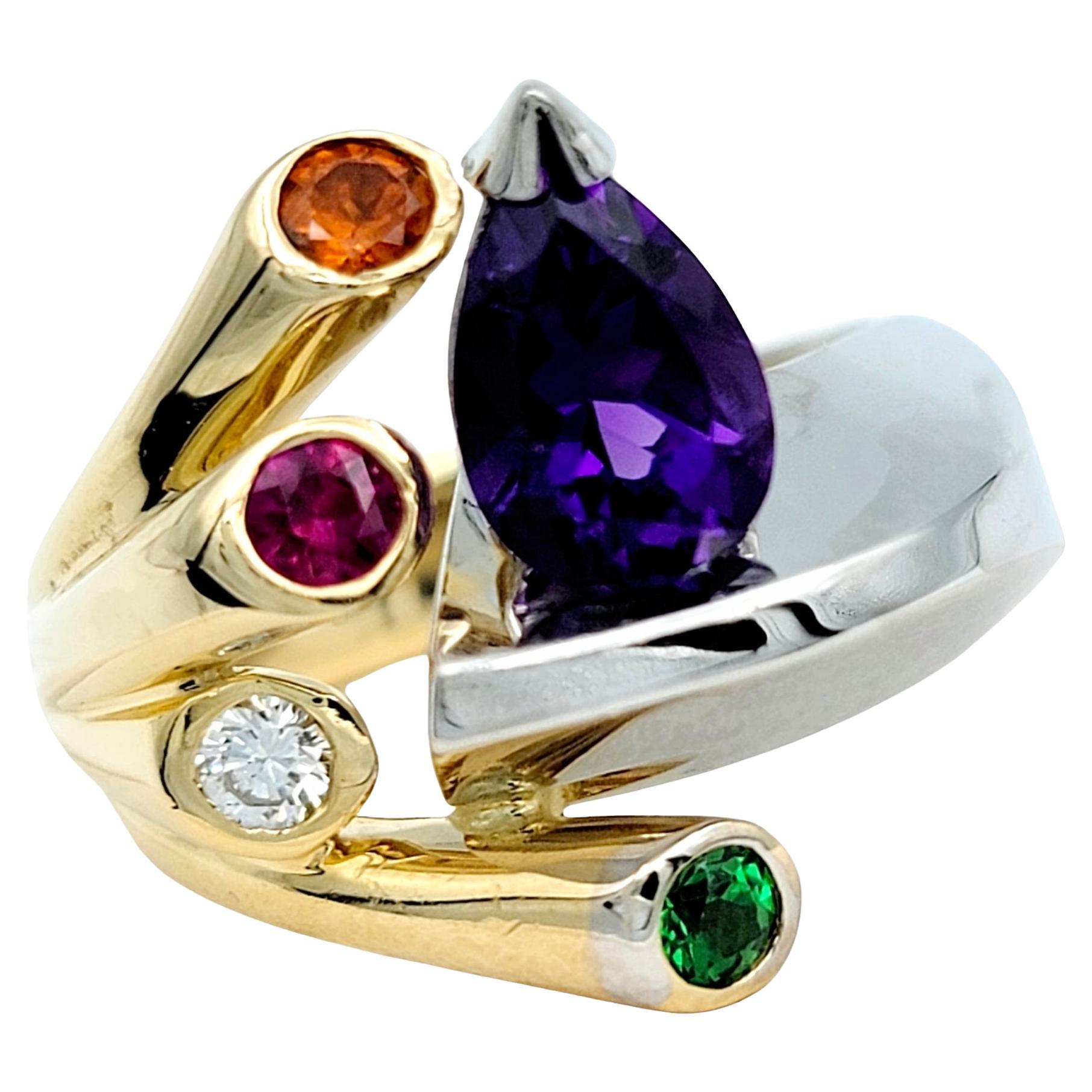 Amethyst and Multi-Gemstone Asymmetric Cocktail Ring in Two Tone 14 Karat Gold 