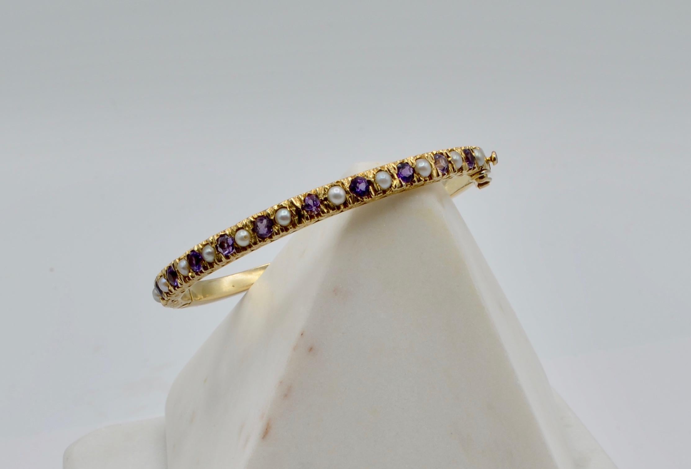Amethyst and Natural Pearl and 14 Karat Gold Victorian Clamper Bracelet In Good Condition In Berkeley, CA