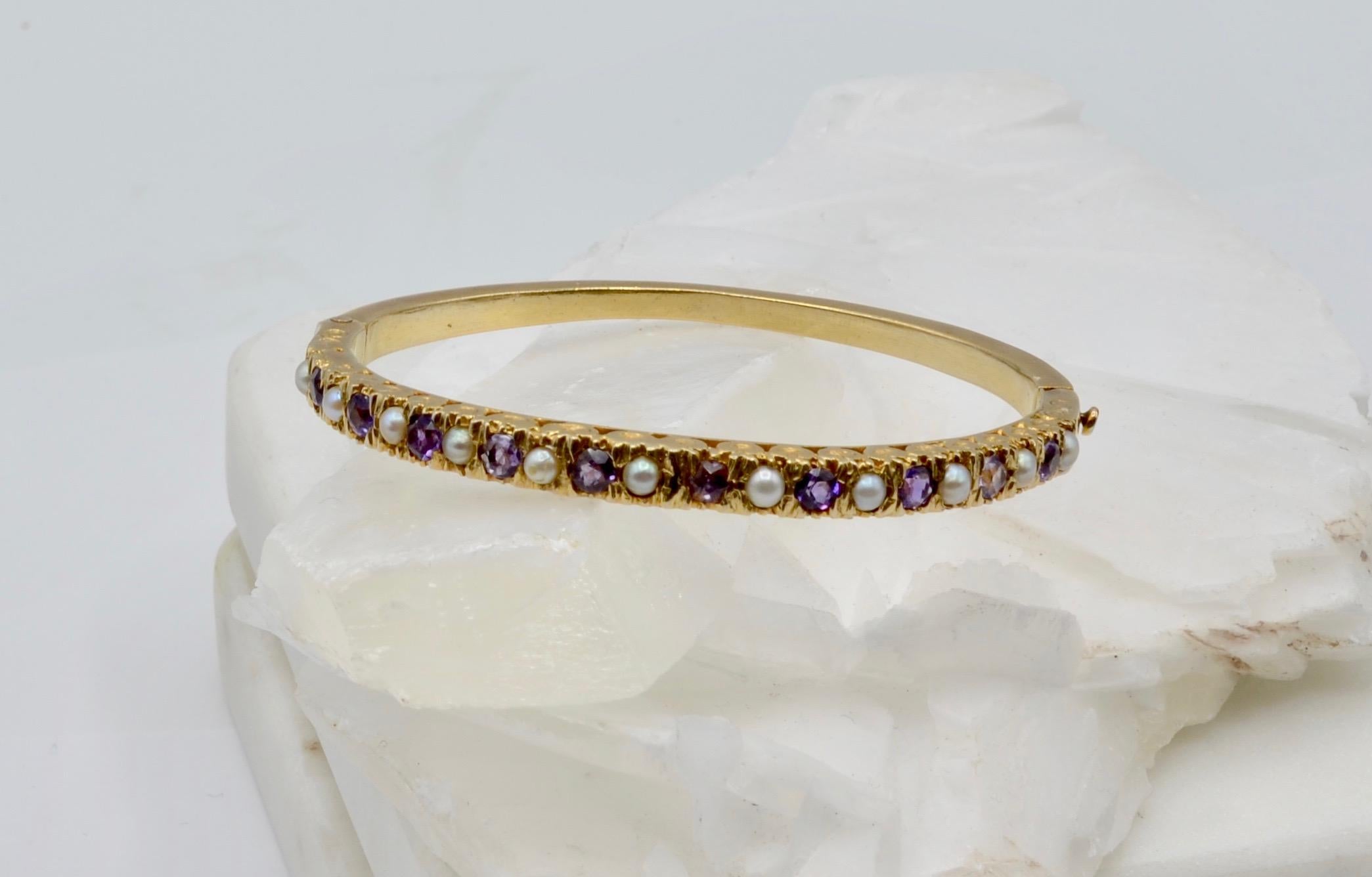 Women's Amethyst and Natural Pearl and 14 Karat Gold Victorian Clamper Bracelet