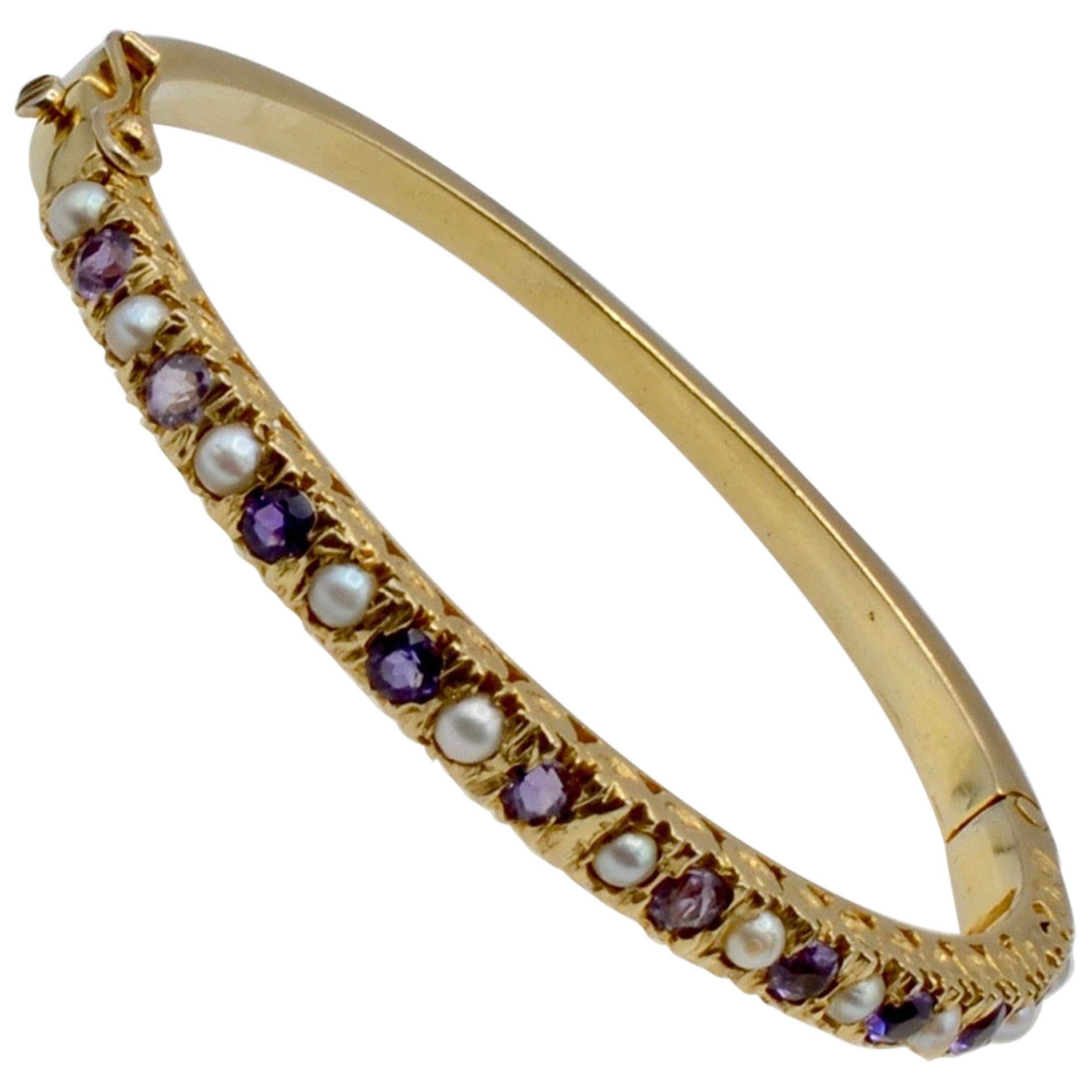 Amethyst and Natural Pearl and 14 Karat Gold Victorian Clamper Bracelet