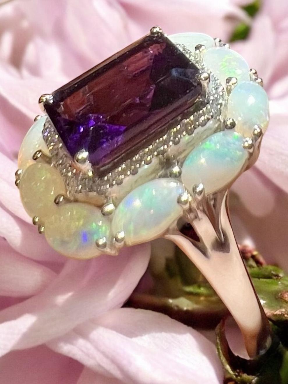 Anillo Amatista Y Ópalo, Oro Blanco 18 Quilates en Bueno estado para la venta en SAINT-OUEN-SUR-SEINE, FR