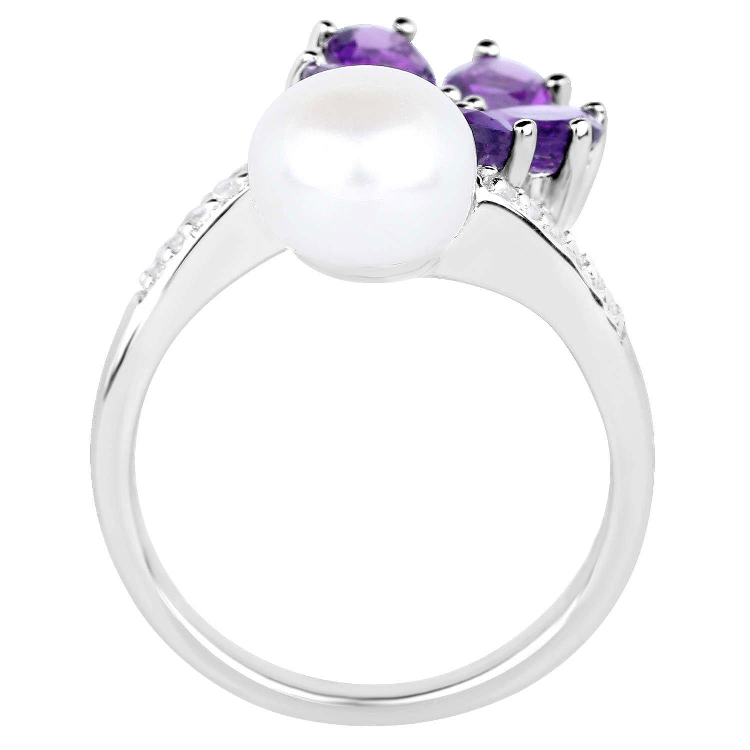 Women's or Men's Amethyst and Pearl Bypass Flower Ring With White Zircons For Sale