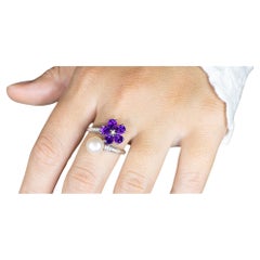 Amethyst and Pearl Bypass Flower Ring With White Zircons