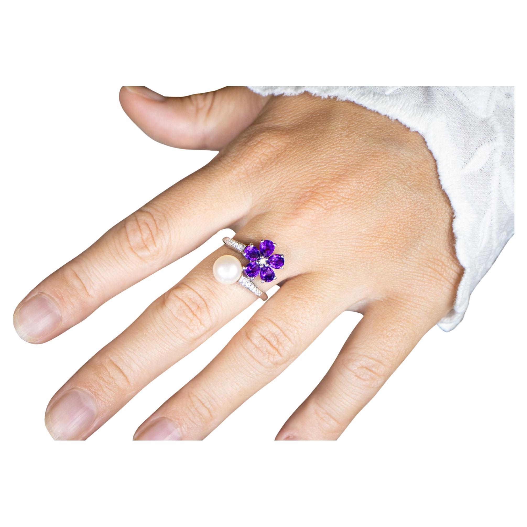 Amethyst and Pearl Bypass Flower Ring With White Zircons