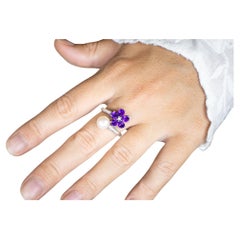 Amethyst and Pearl Bypass Flower Ring With White Zircons